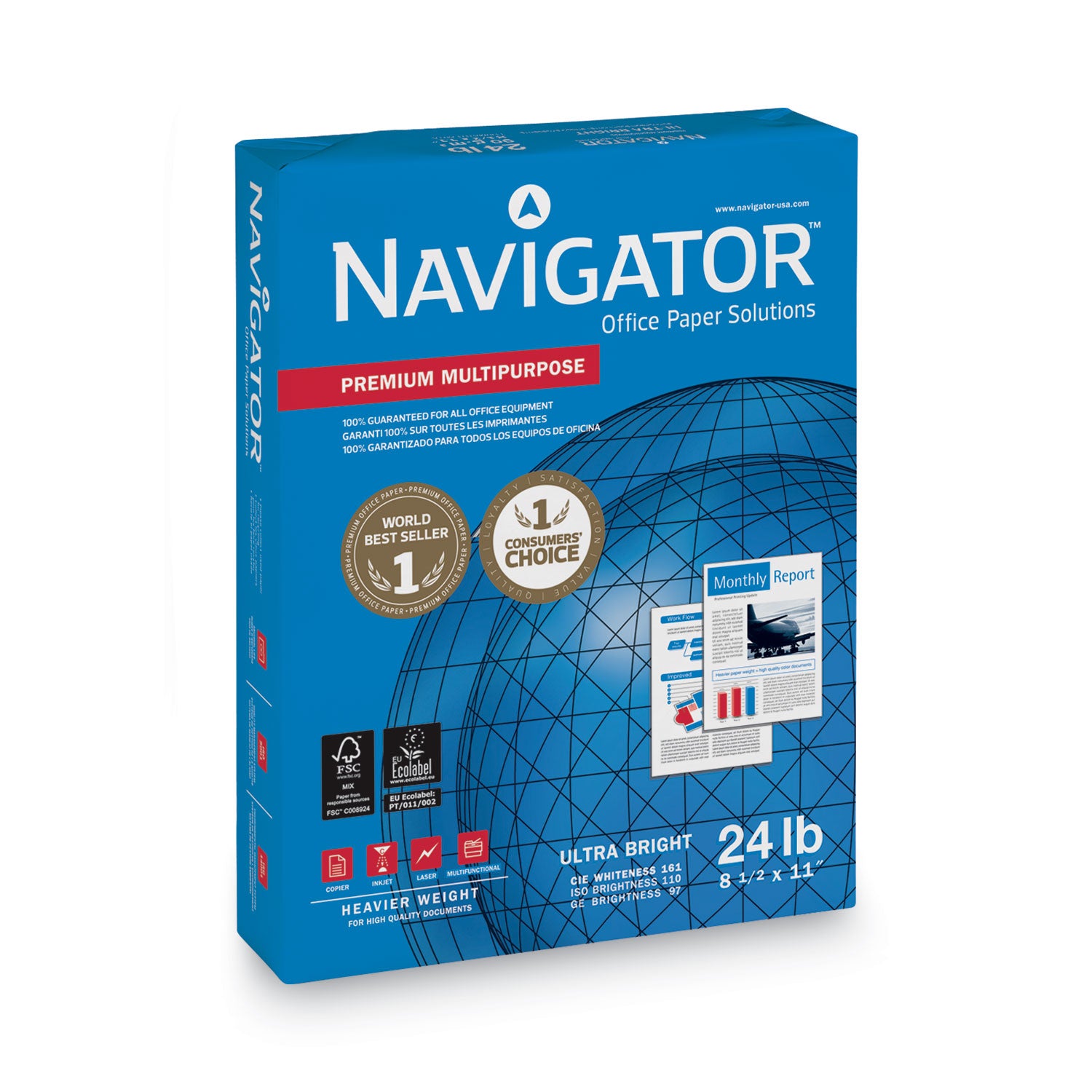 Navigator® Premium Multipurpose Copy Paper, 97 Bright, 24 lb Bond Weight, 8.5 x 11, White, 500 Sheets/Ream, 10 Reams/Carton