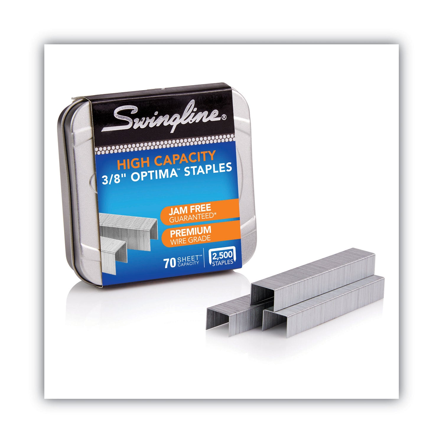 Swingline® Optima High-Capacity Staples, 0.38" Leg, 0.5" Crown, Steel, 125/Strip, 20 Strips/Box