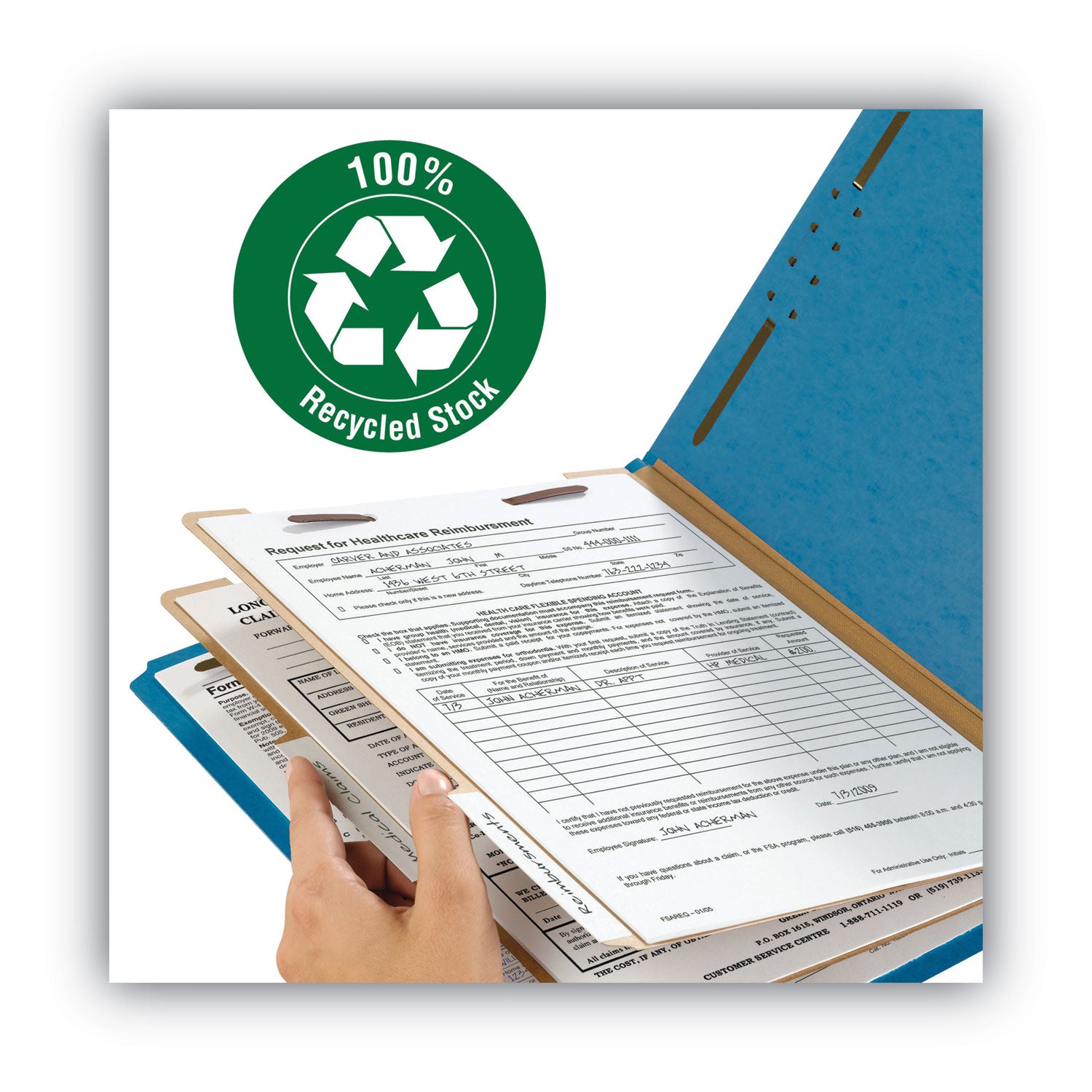 Smead Recycled Pressboard Classification Folders, 2" Expansion, 2 Dividers, 6 Fasteners, Letter Size, Dark Blue, 10/Box