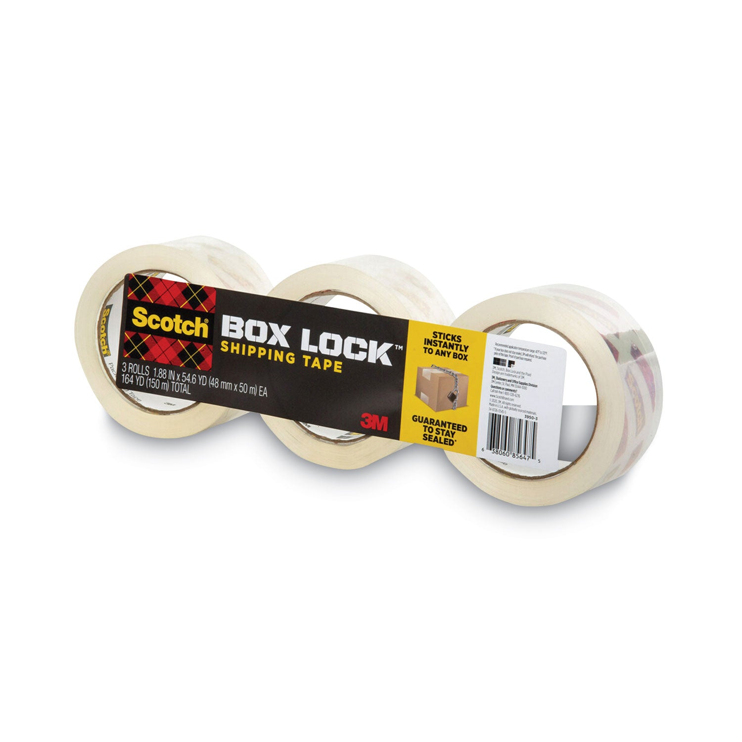 Scotch® Box Lock Shipping Packaging Tape, 3" Core, 1.88" X 54.6 Yds, Clear, 3/pack