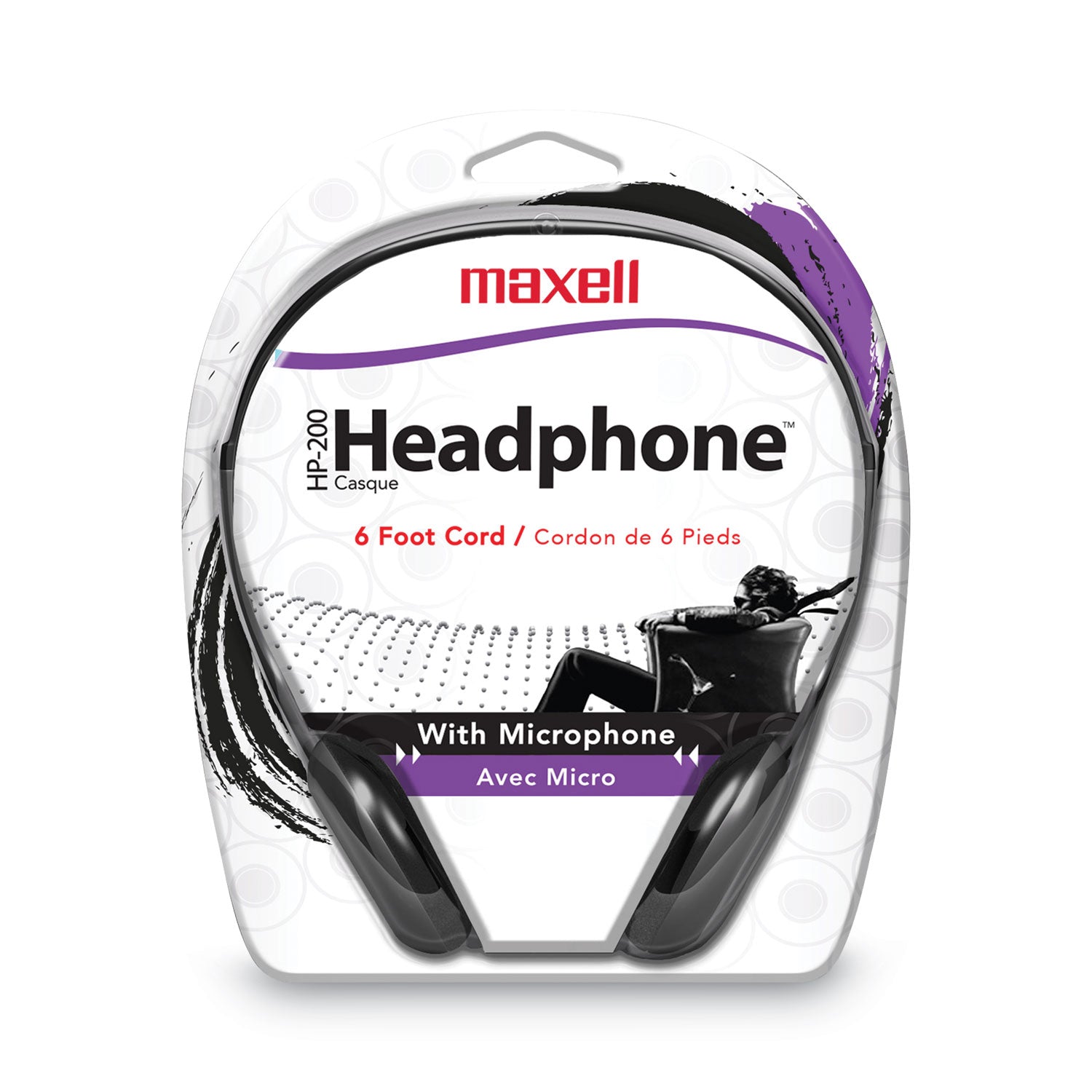 Maxell® HP200 Headphone with Microphone, 6 ft Cord, Black
