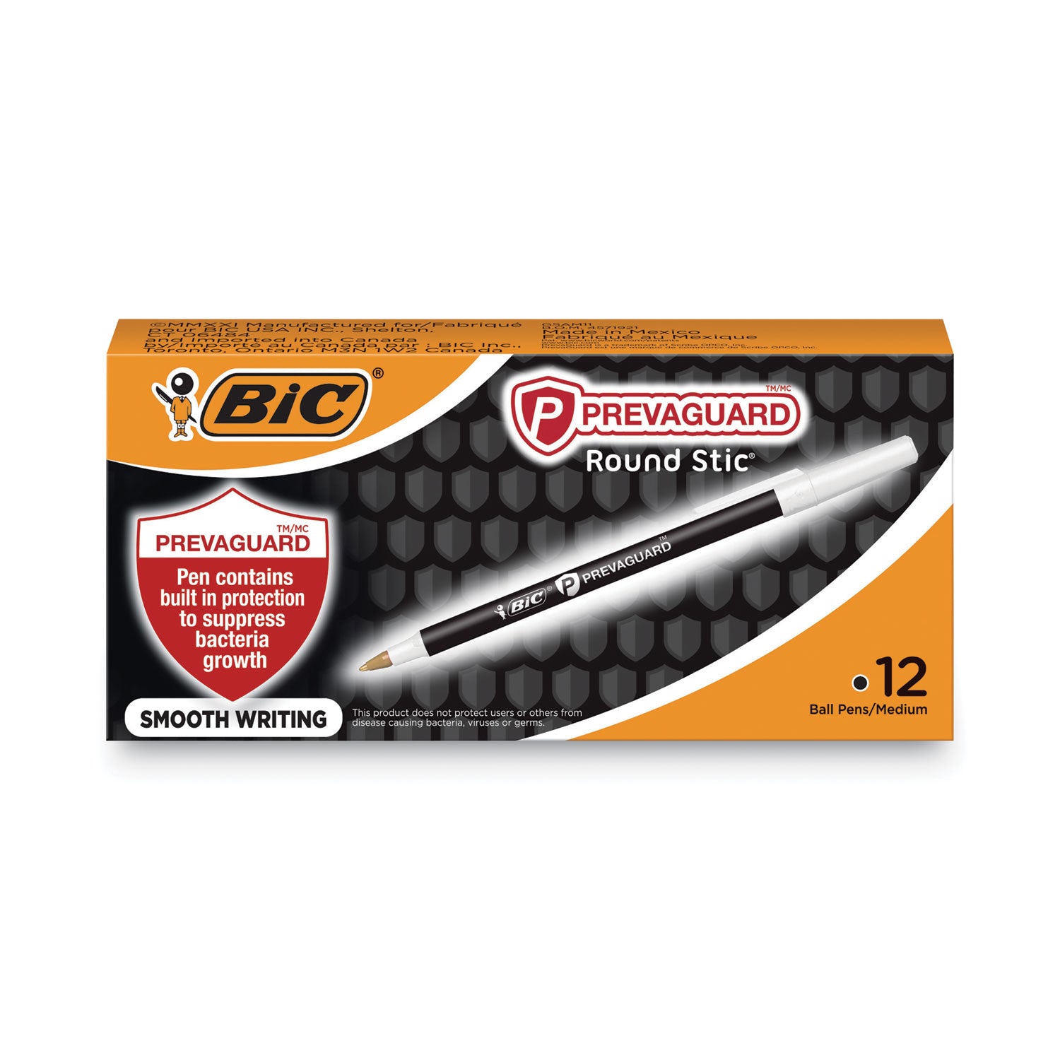 BIC® PrevaGuard Round Stic Ballpoint Pen, Stick, Medium 1 mm, Black Ink, Black Barrel, Dozen