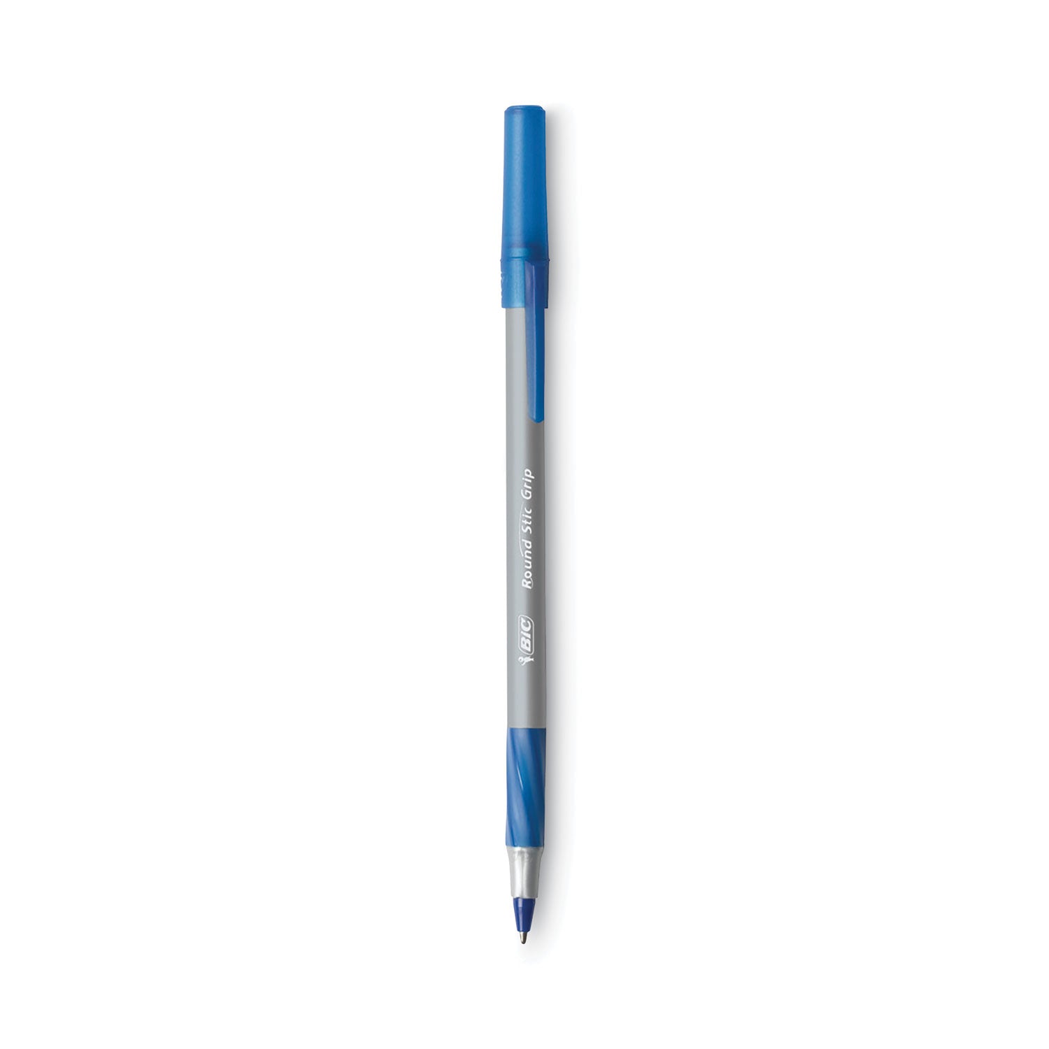 BIC® Round Stic Grip Xtra Comfort Ballpoint Pen, Stick, Fine 0.8 Mm, Blue Ink, Gray/blue Barrel, Dozen