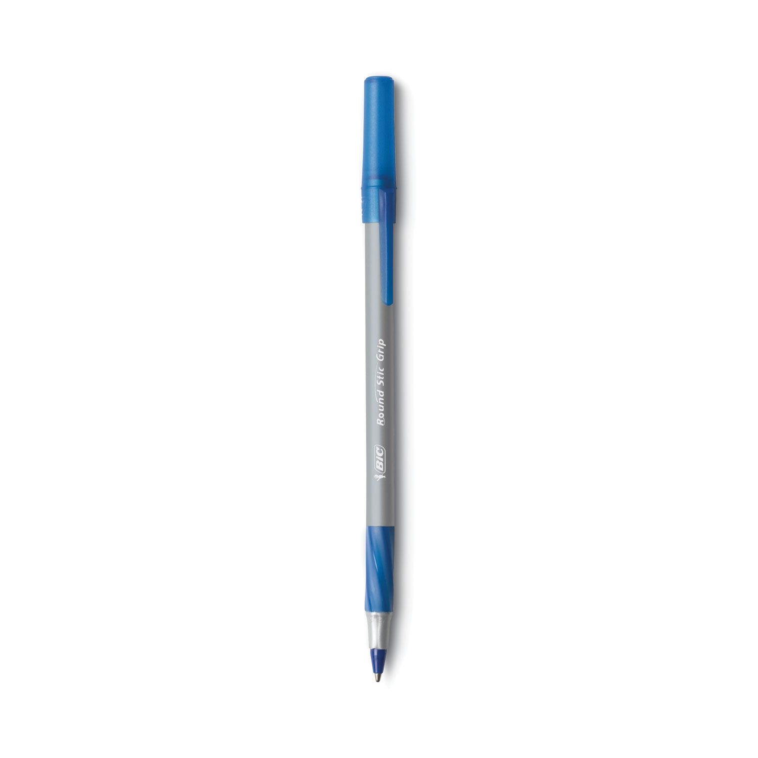 BIC® Round Stic Grip Xtra Comfort Ballpoint Pen, Easy-Glide System, Stick, Medium 1.2 mm, Blue Ink, Gray/Blue Barrel, Dozen