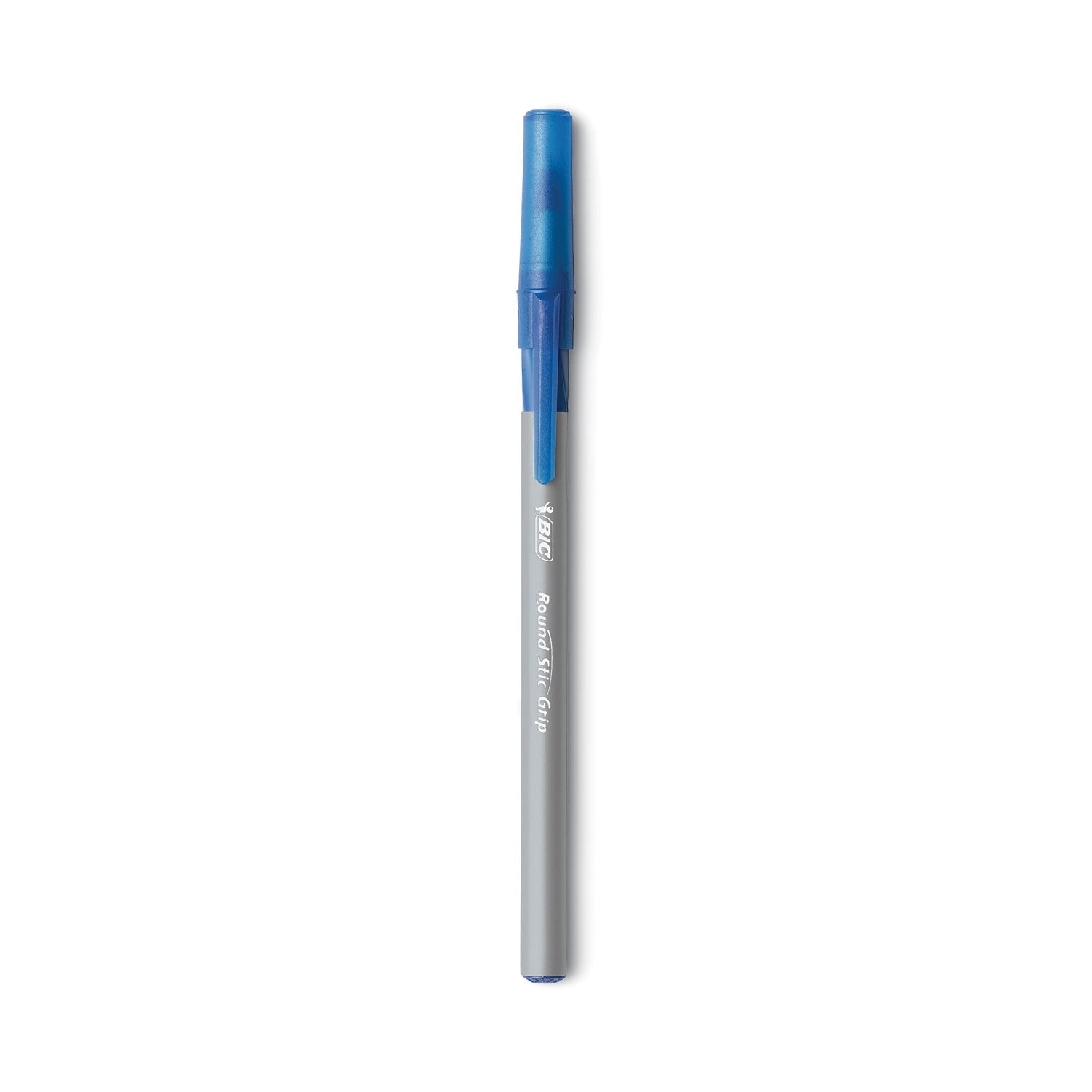 BIC® Round Stic Grip Xtra Comfort Ballpoint Pen, Easy-Glide System, Stick, Medium 1.2 mm, Blue Ink, Gray/Blue Barrel, Dozen