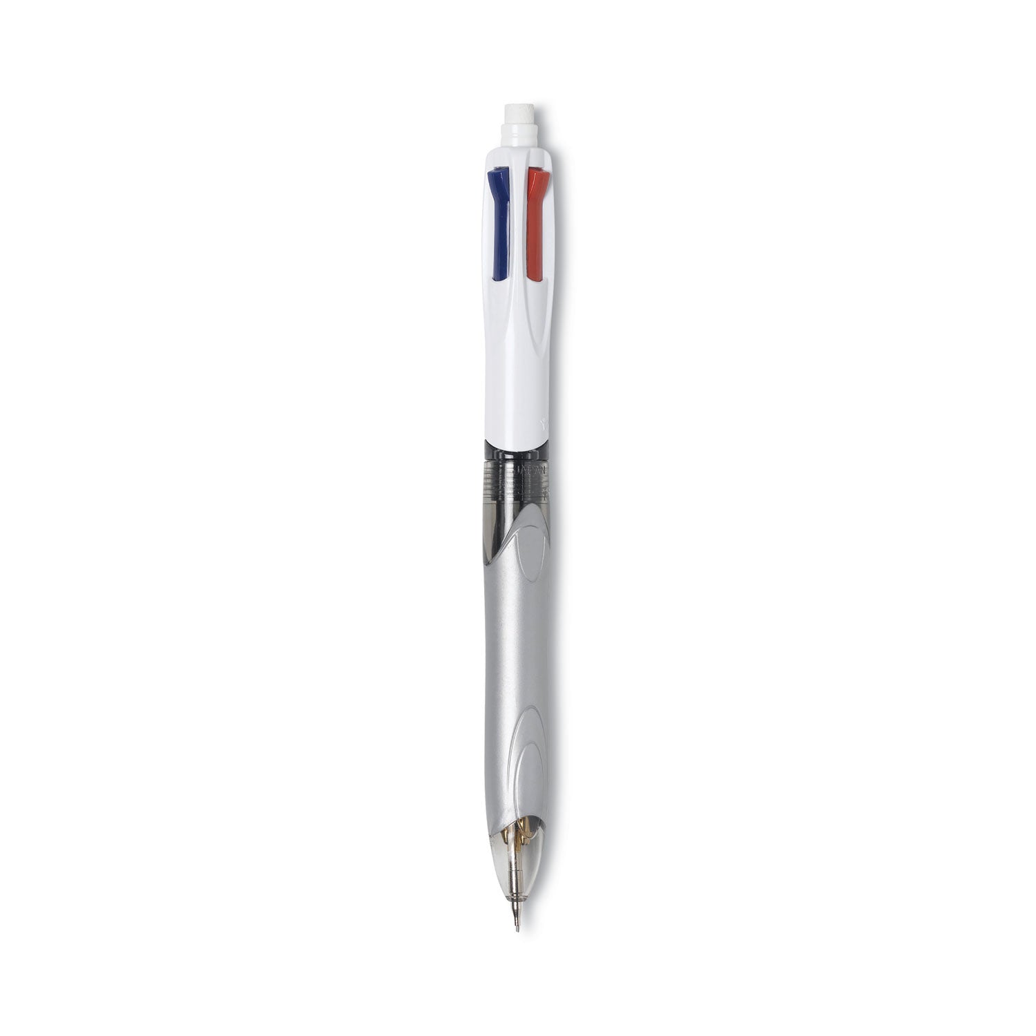 BIC® 4-Color 3 + 1 Ballpoint Pen/Pencil, Retractable, Medium 1 mm Pen/0.7 mm Pencil, Black/Blue/Red Ink, Gray/White Barrel
