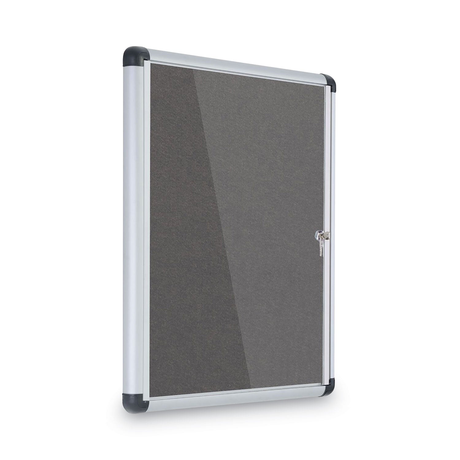 MasterVision® Slim-Line Enclosed Fabric Bulletin Board with One Door, 28" x 38", Gray Surface, Satin Aluminum Frame
