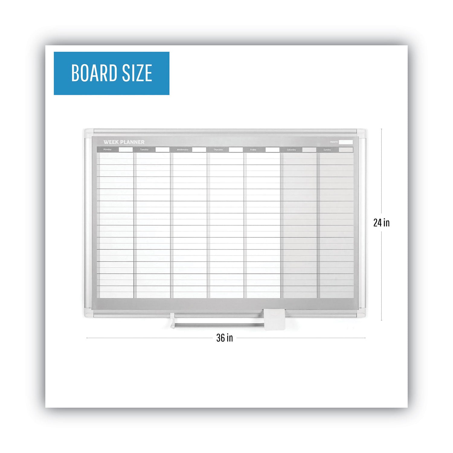 MasterVision® Magnetic Dry Erase Calendar Board, Weekly Planning/Scheduling, 36" x 24", White Surface, Satin Aluminum Frame