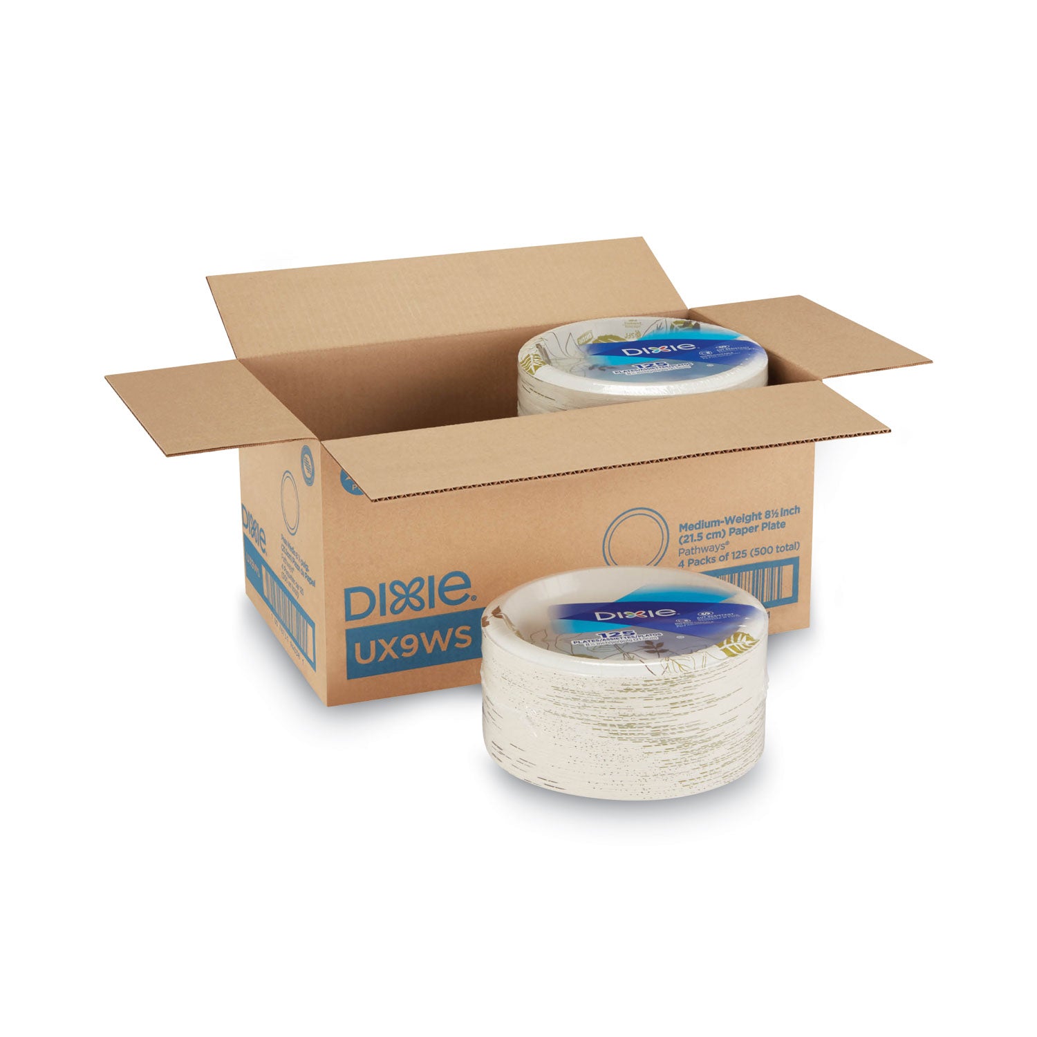 Dixie® Pathways Soak-Proof Shield Mediumweight Paper Plates, Wisesize, 8.5" Dia, Green/burgundy, 125/pack, 4 Packs/carton