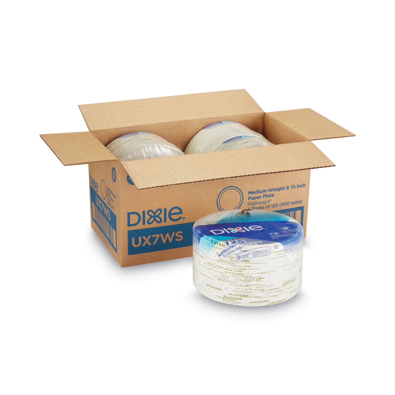 Dixie® Pathways Soak-Proof Shield Mediumweight Paper Plates, WiseSize, 6.87" dia, Green/Burgundy, 500/Carton