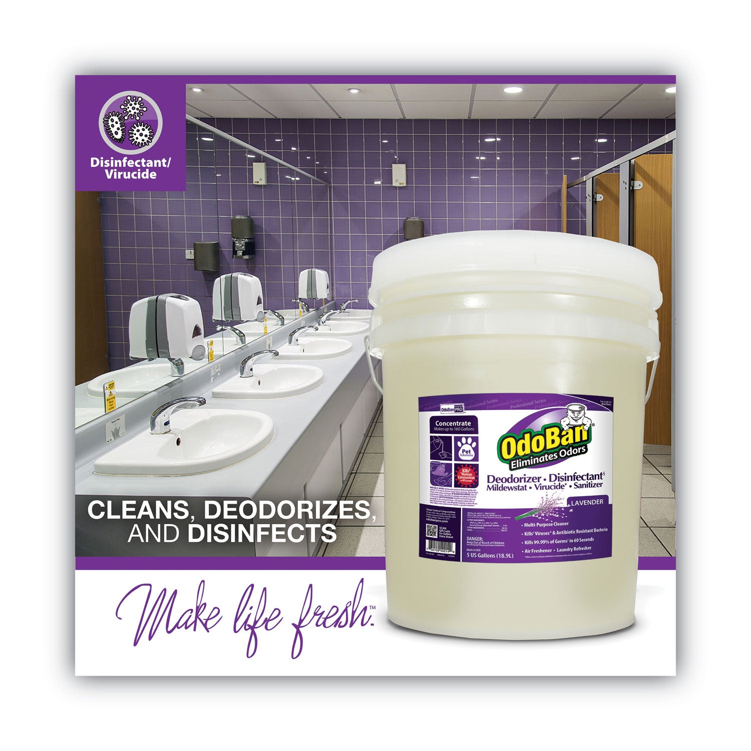 OdoBan® Concentrated Odor Eliminator And Disinfectant, Lavender Scent, 5 Gal Pail