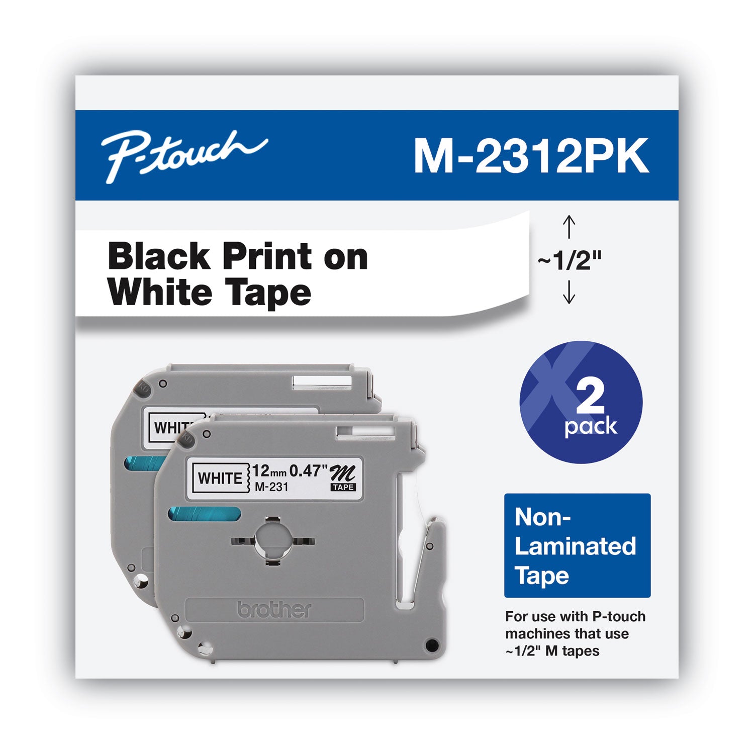 Brother P-Touch® M Series Tape Cartridges For P-Touch Labelers, 0.47" X 26.2 Ft, Black On White, 2/pack