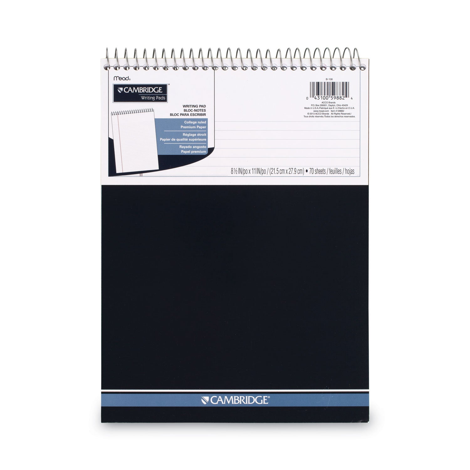 Cambridge® Stiff-Back Wire Bound Notepad, Medium/college Rule, Navy Cover, 70 White 8.5 X 11.5 Sheets