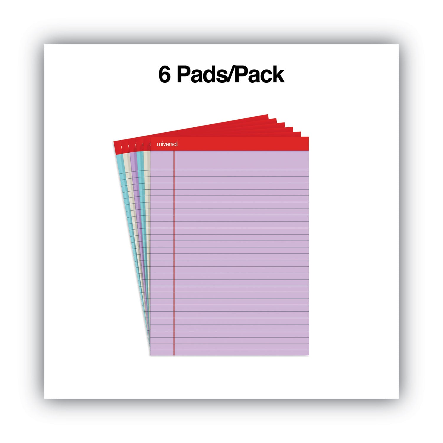 Universal® Colored Perforated Ruled Writing Pads, Wide/legal Rule, 50 Assorted Color 8.5 X 11.75 Sheets, 6/pack