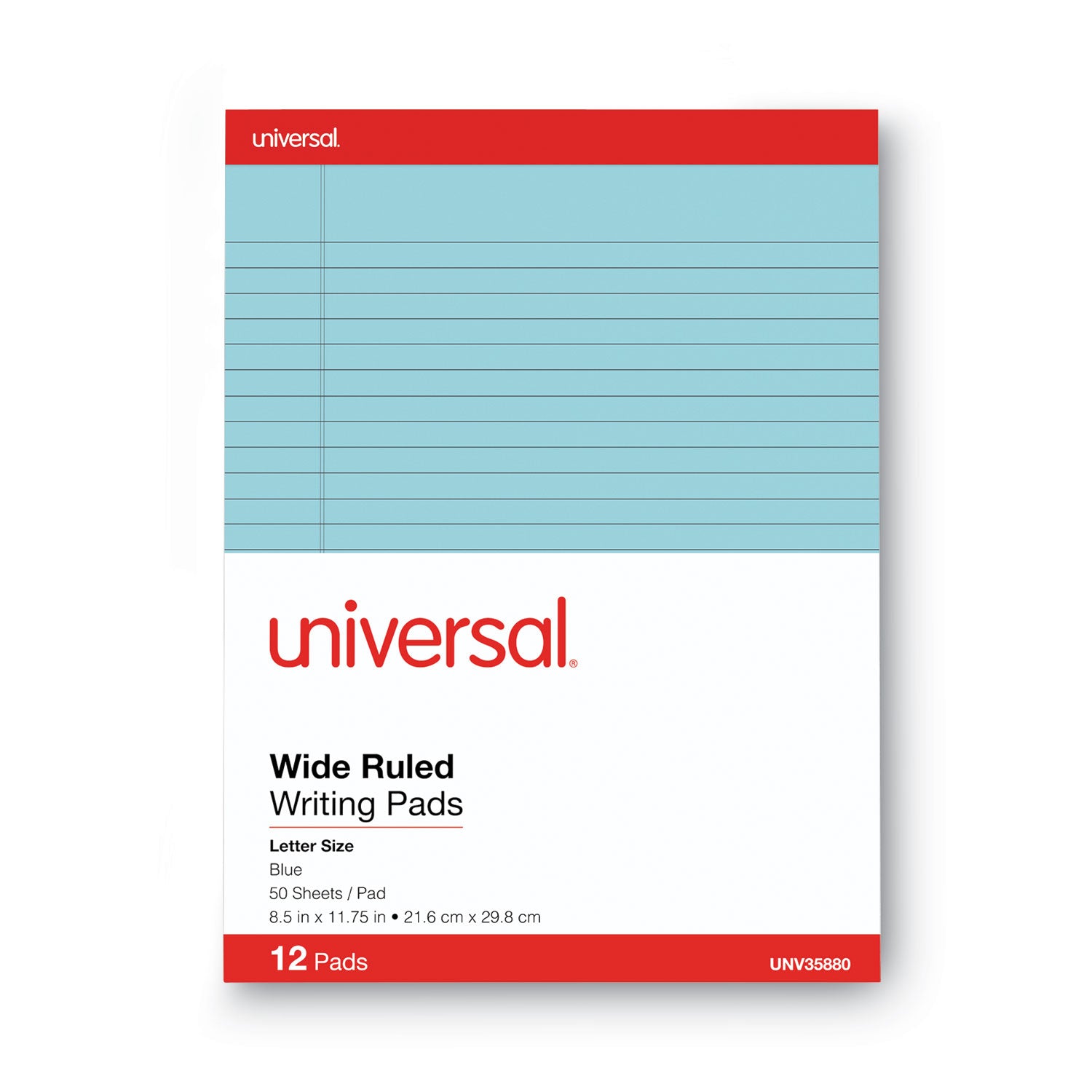 Universal® Colored Perforated Ruled Writing Pads, Wide/legal Rule, 50 Blue 8.5 X 11 Sheets, Dozen