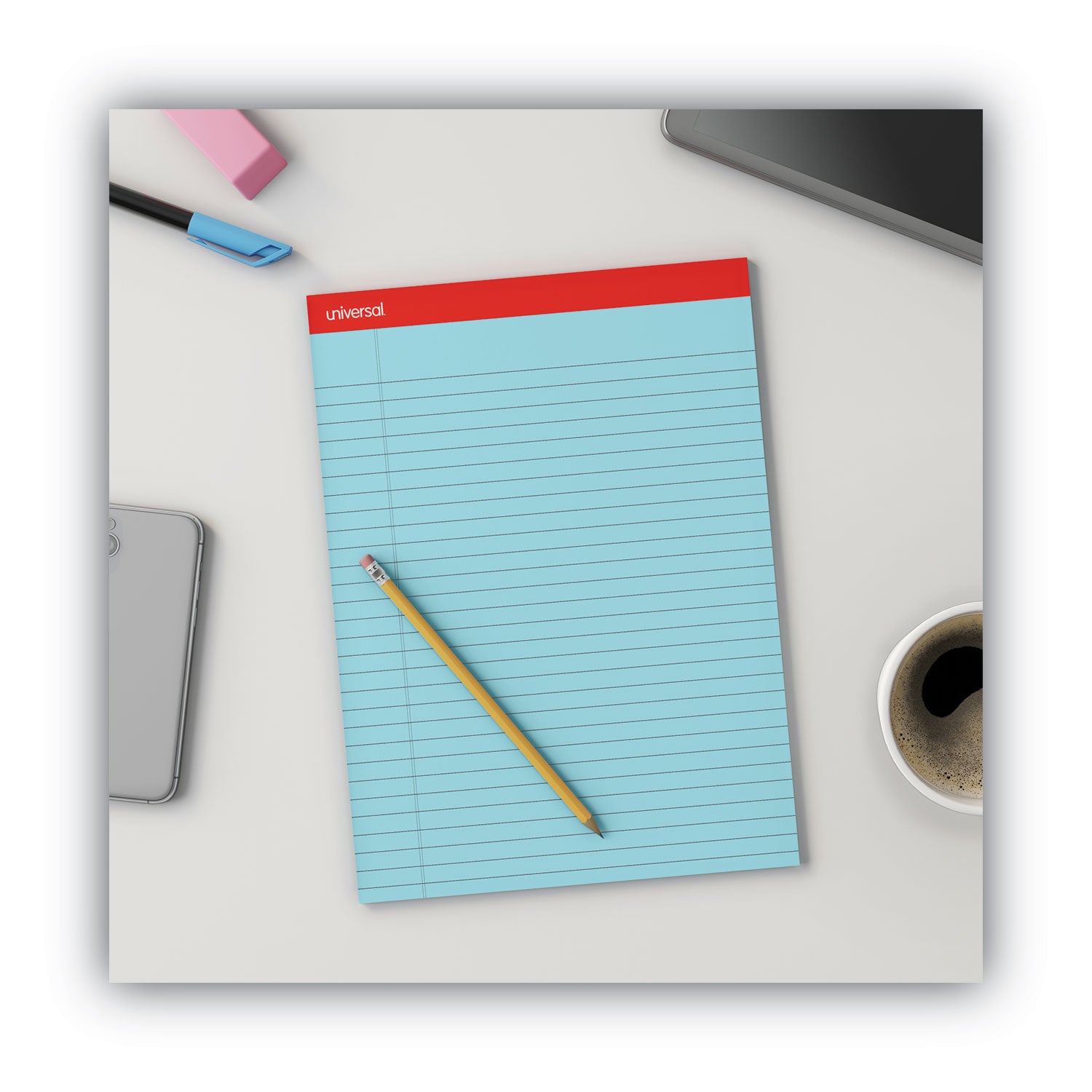 Universal® Colored Perforated Ruled Writing Pads, Wide/legal Rule, 50 Blue 8.5 X 11 Sheets, Dozen