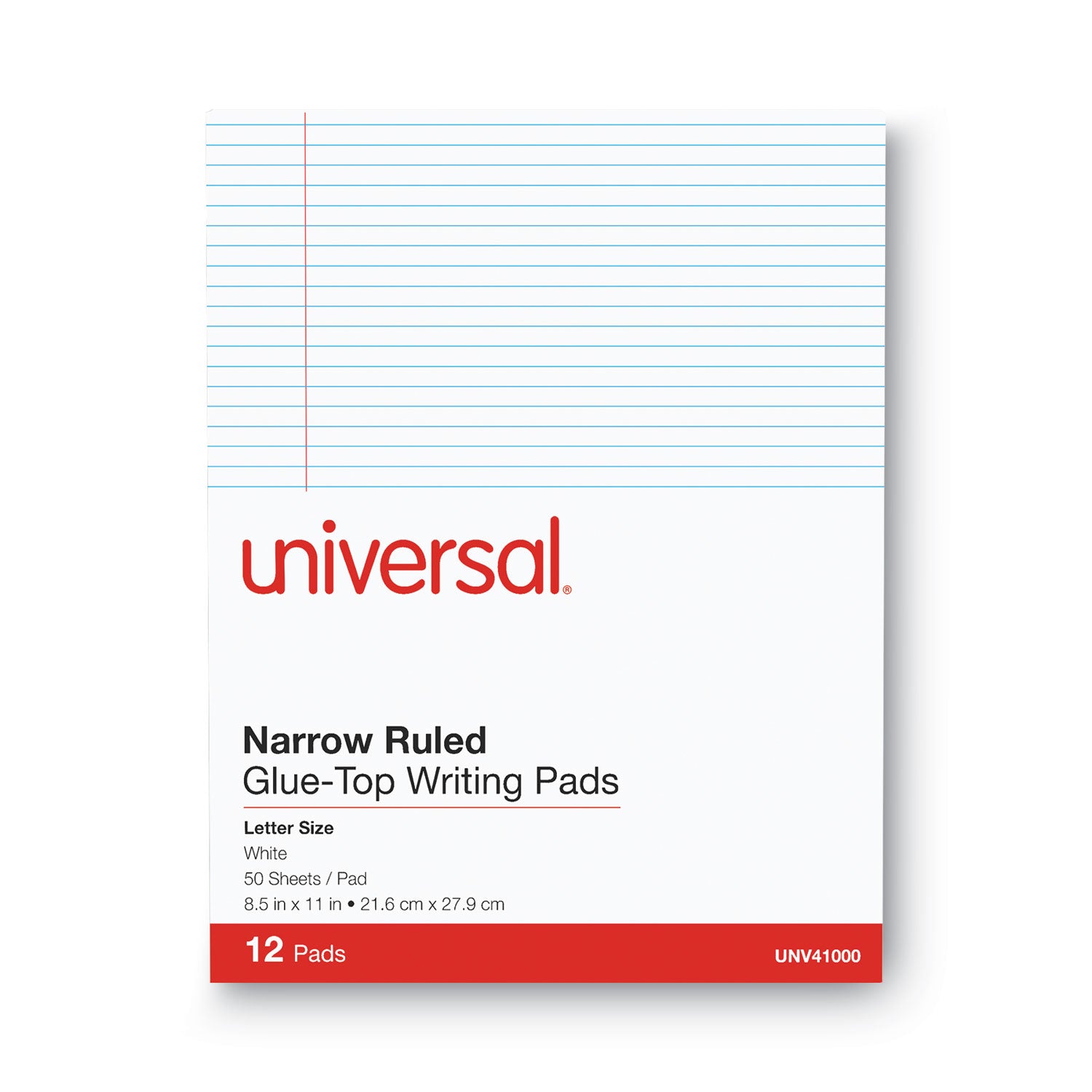 Universal® Glue Top Pads, Narrow Rule, 50 White 8.5 X 11 Sheets, Dozen