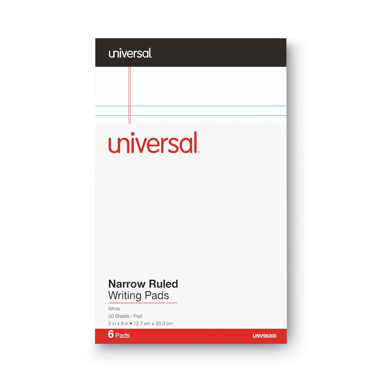 Universal® Premium Ruled Writing Pads With Heavy-Duty Back, Narrow Rule, Black Headband, 50 White 5 X 8 Sheets, 6/pack