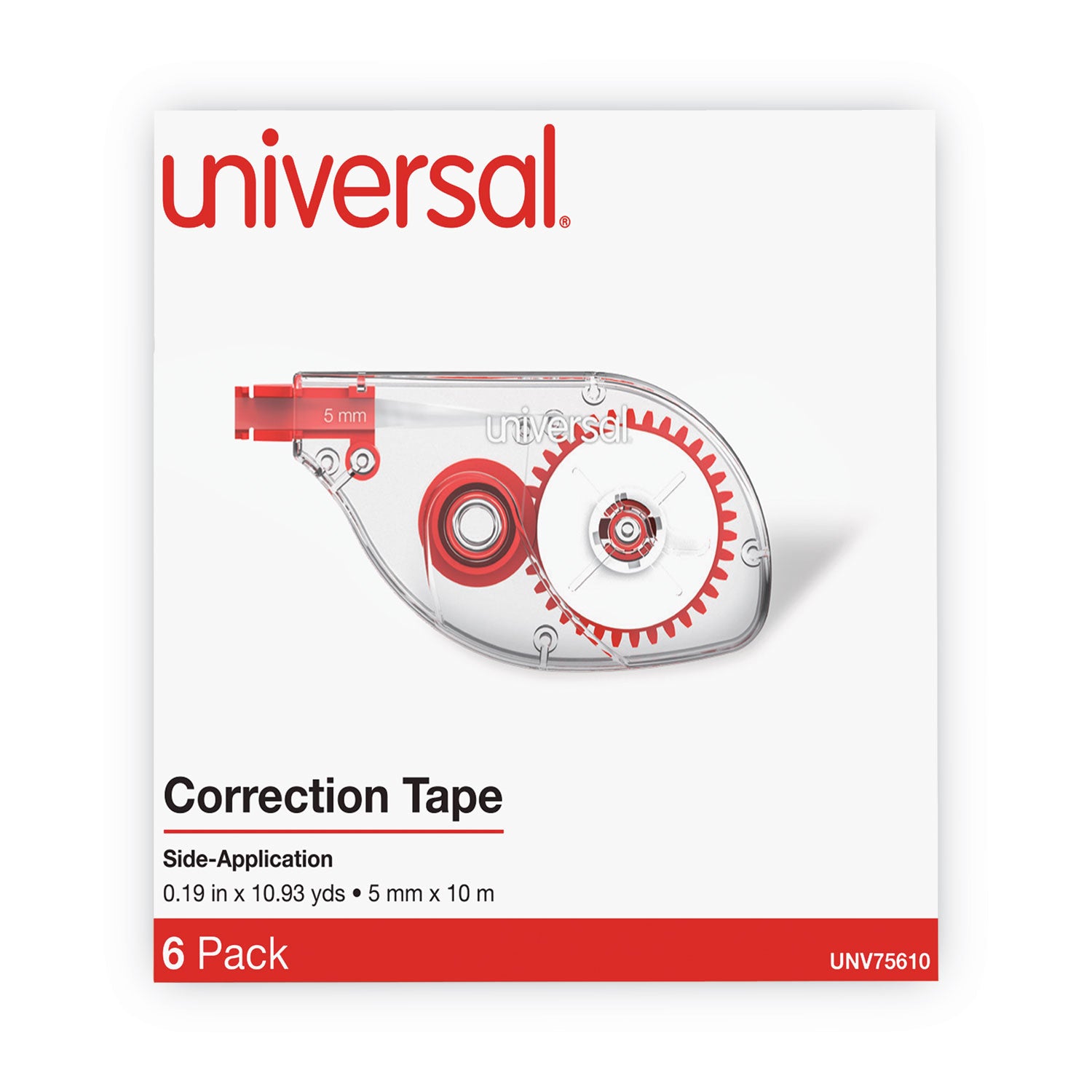 Universal® Side-Application Correction Tape, Transparent Red Applicator, 0.2" x 393", 6/Pack