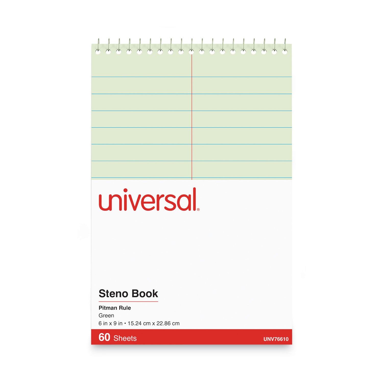 Universal® Steno Pads, Pitman Rule, Red Cover, 60 Green-Tint 6 X 9 Sheets