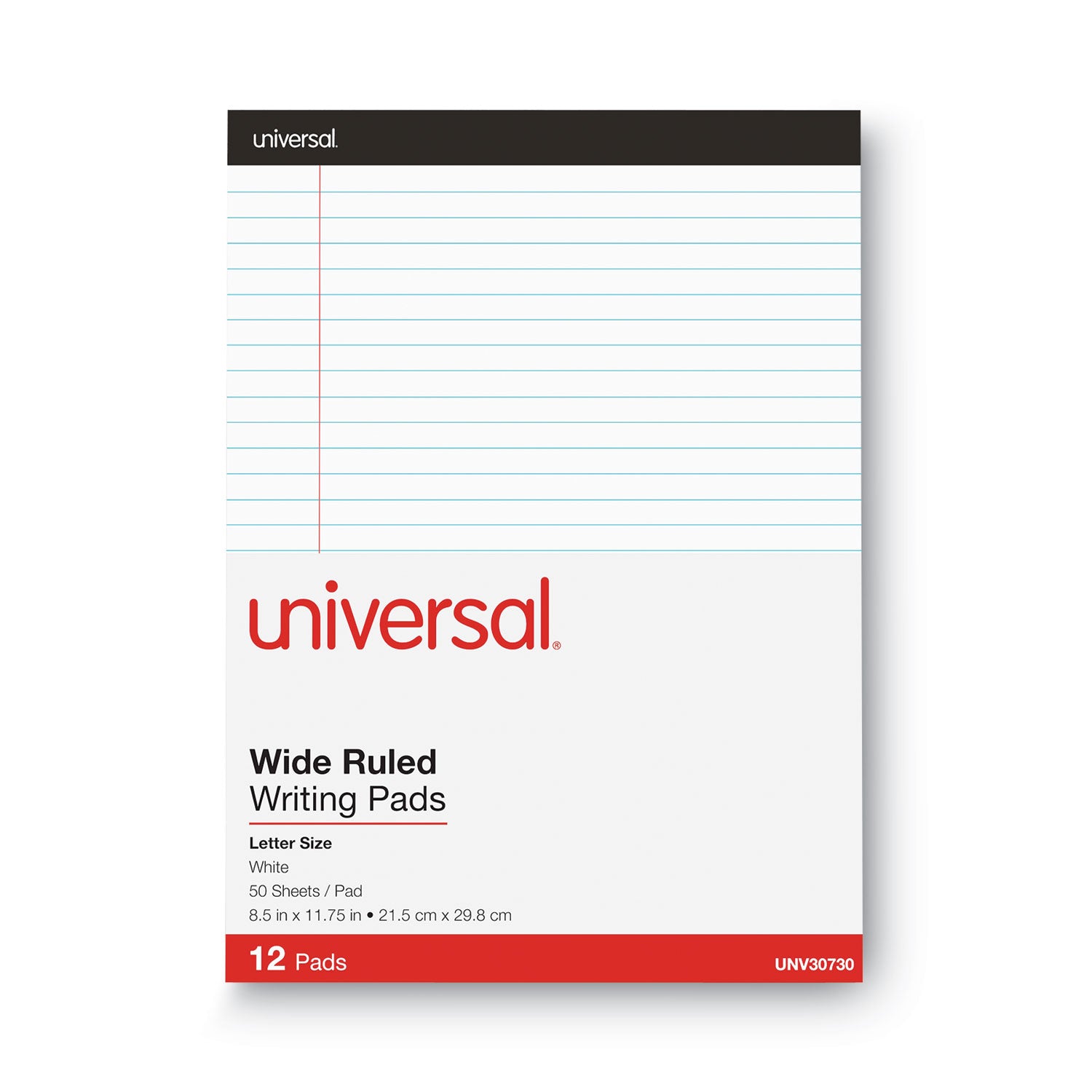 Universal® Premium Ruled Writing Pads With Heavy-Duty Back, Wide/legal Rule, Black Headband, 50 White 8.5 X 11 Sheets, 12/pack
