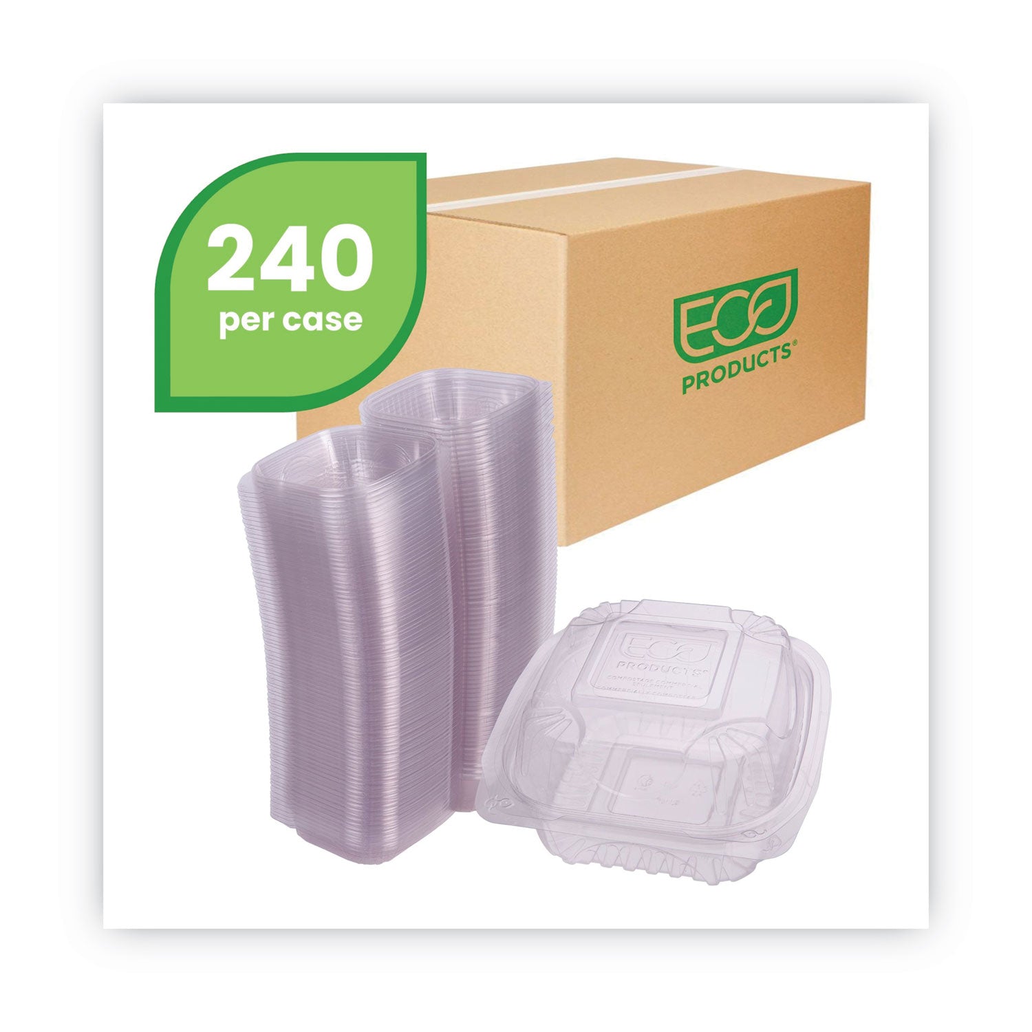 Eco-Products® Renewable and Compostable Clear Clamshell Hinged Food Containers, 6 x 6 x 3, Plastic, 80/Pack, 3 Packs/Carton