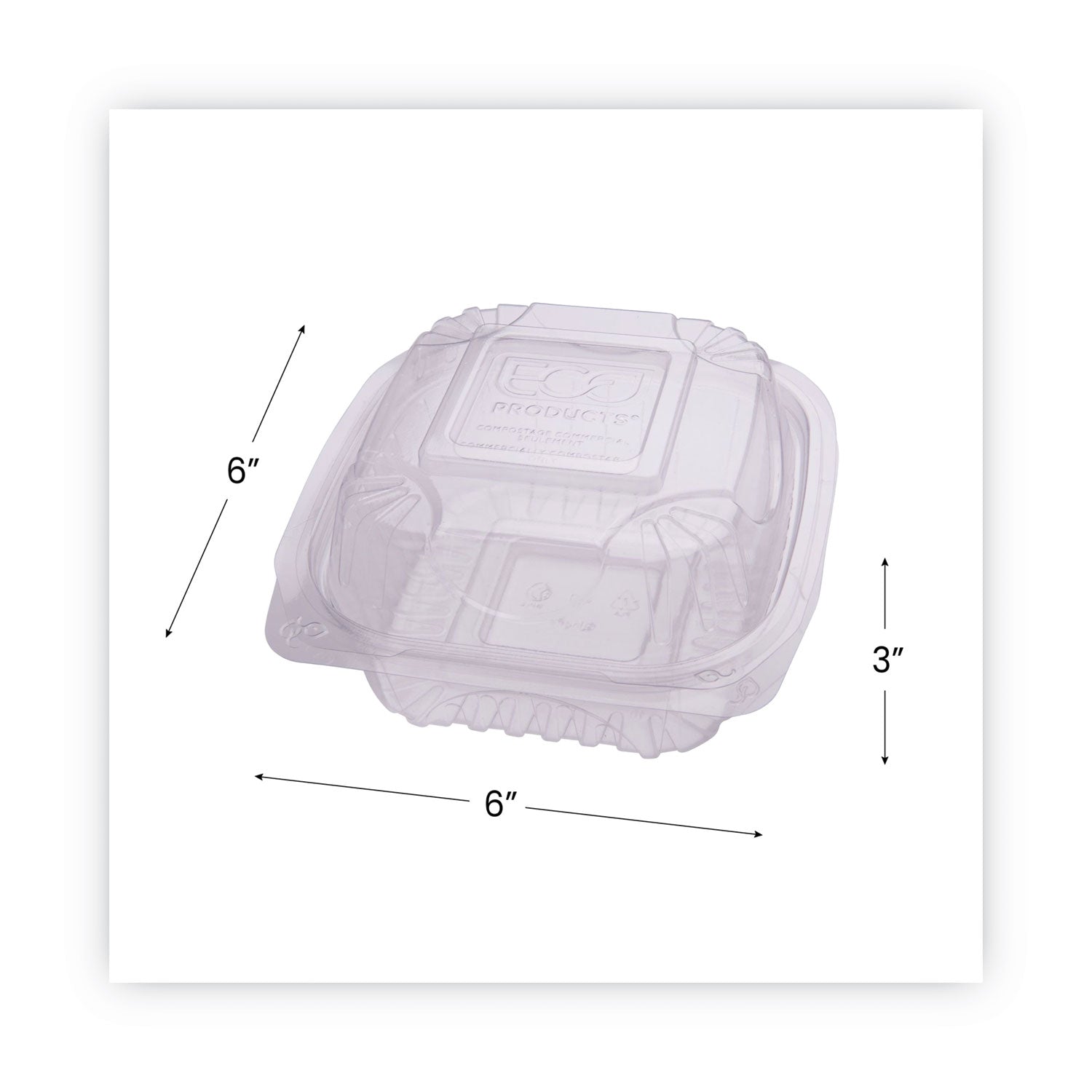 Eco-Products® Renewable and Compostable Clear Clamshell Hinged Food Containers, 6 x 6 x 3, Plastic, 80/Pack, 3 Packs/Carton