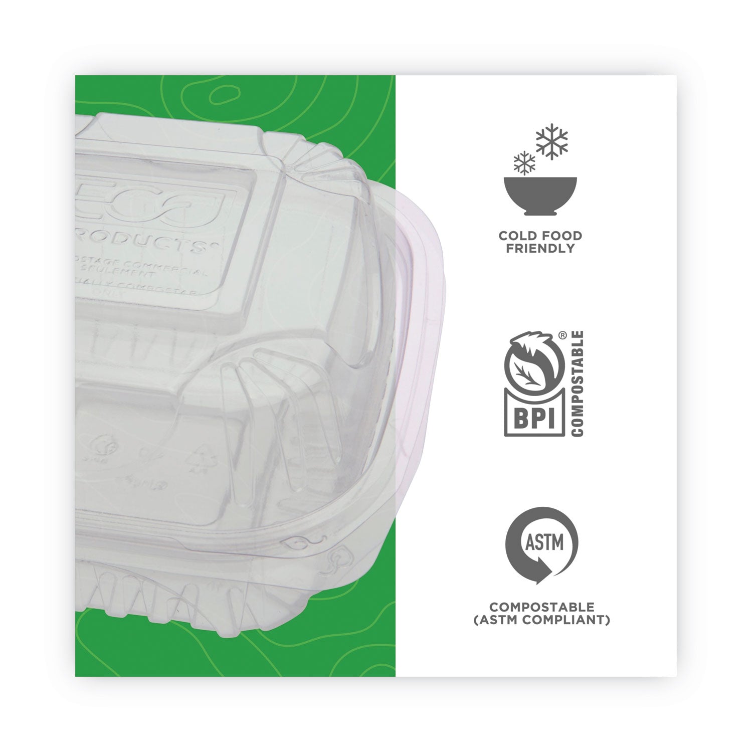 Eco-Products® Renewable and Compostable Clear Clamshell Hinged Food Containers, 6 x 6 x 3, Plastic, 80/Pack, 3 Packs/Carton