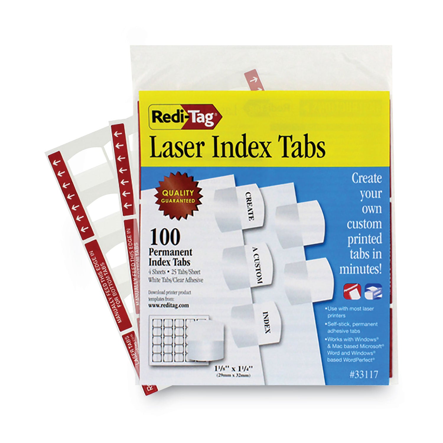 Redi-Tag® Laser Printable Index Tabs, 1/5-Cut, White, 1.13" Wide, 100/Pack