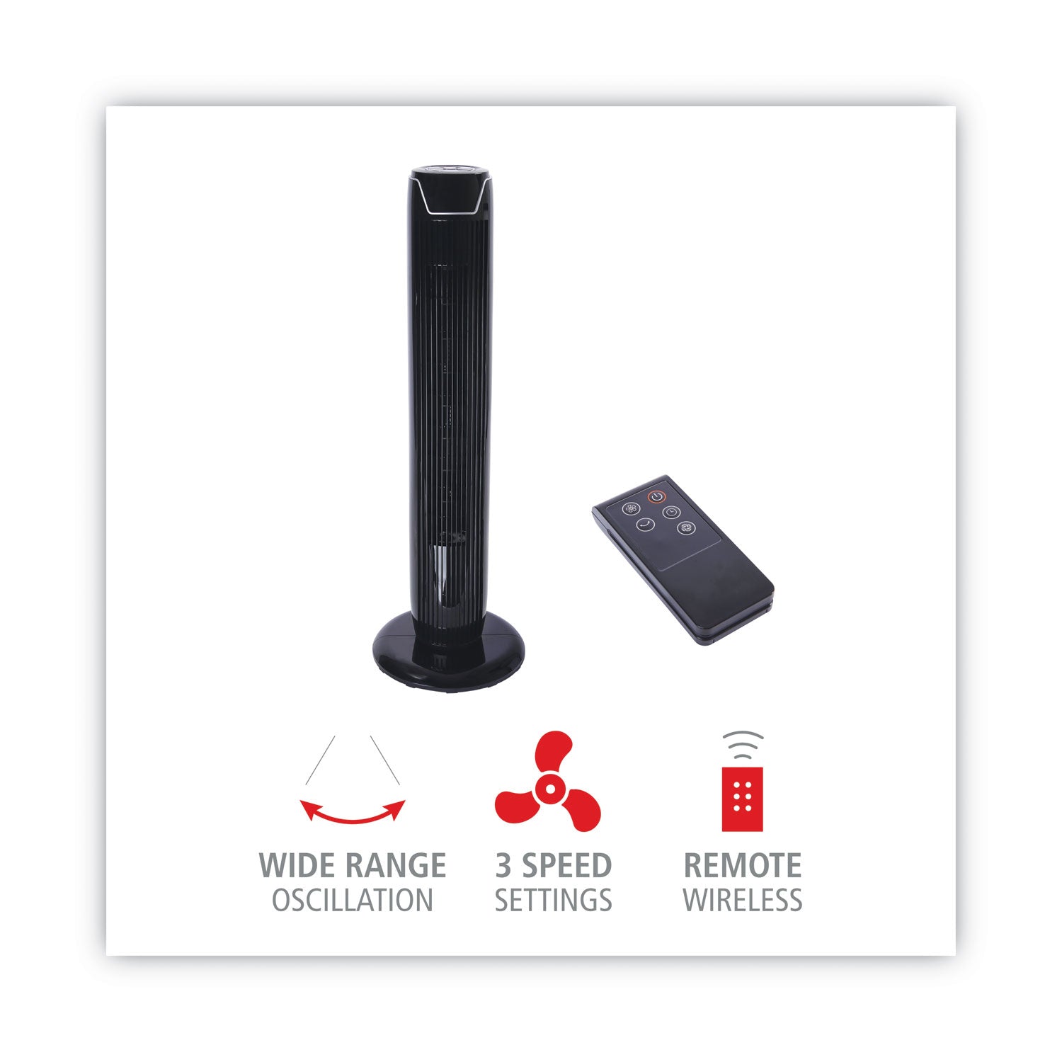 Alera® 36" 3-Speed Oscillating Tower Fan With Remote Control, Plastic, Black