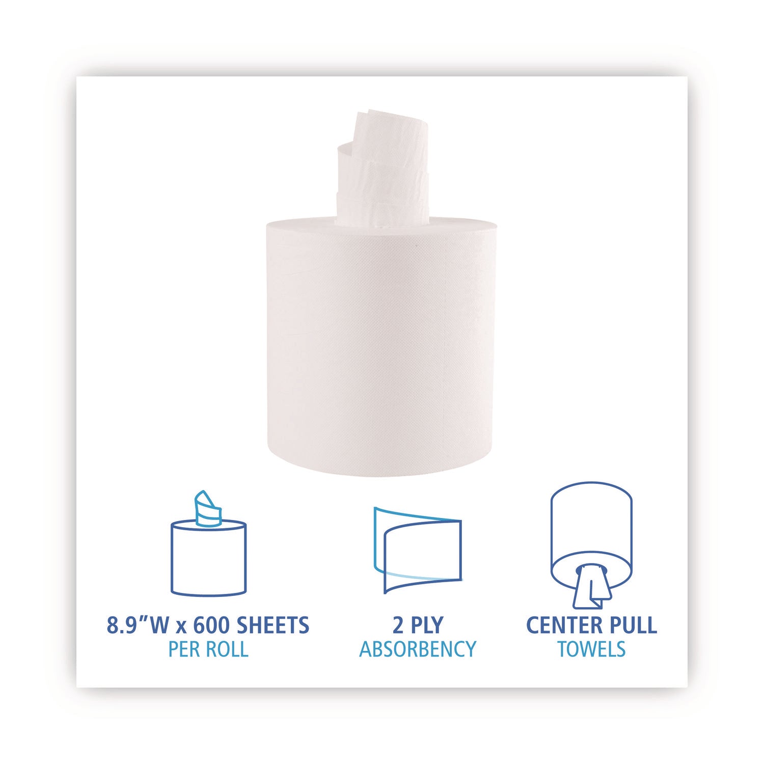 Boardwalk® Center-Pull Roll Towels, 2-Ply, 7.6 x 8.9, White, 600/Roll, 6/Carton