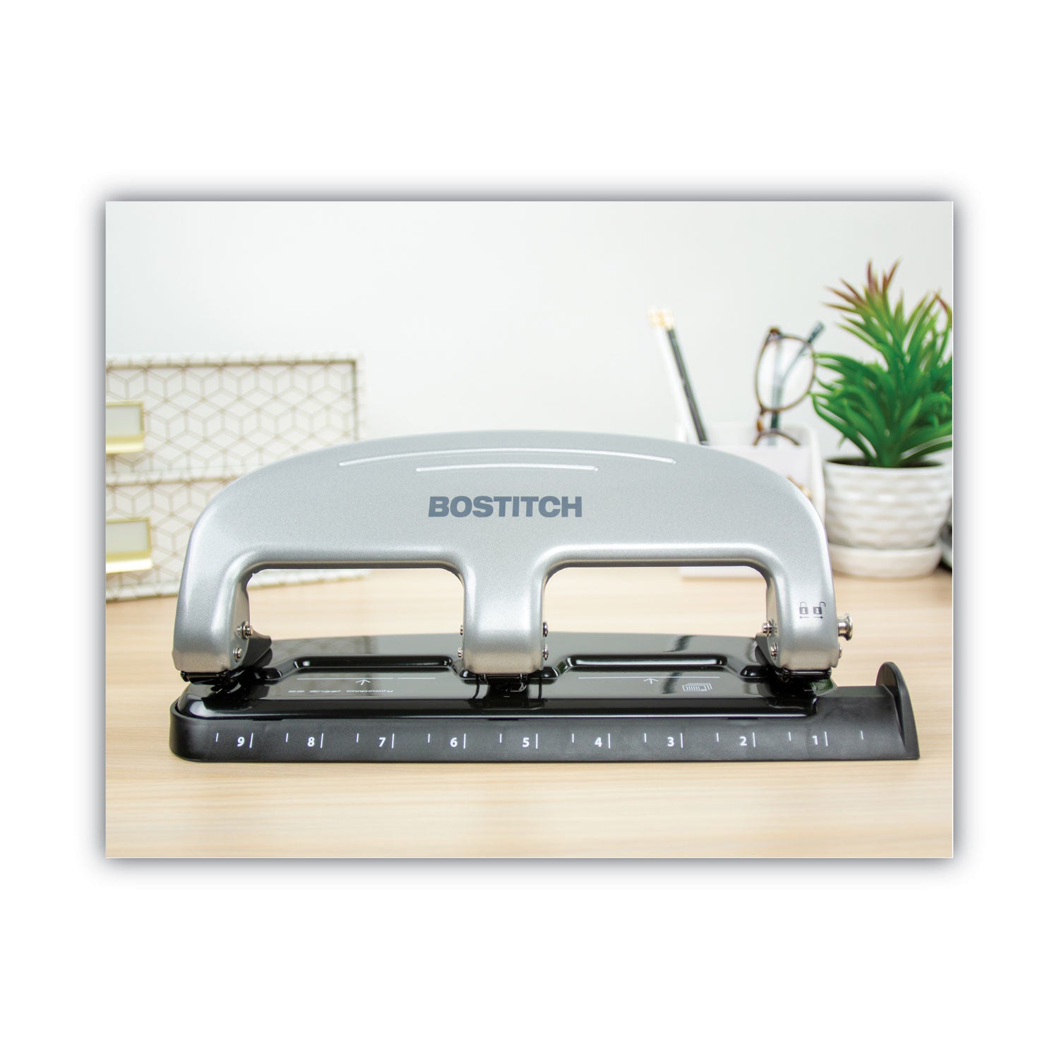 Bostitch® 20-Sheet Ez Squeeze Three-Hole Punch, 9/32" Holes, Black/silver