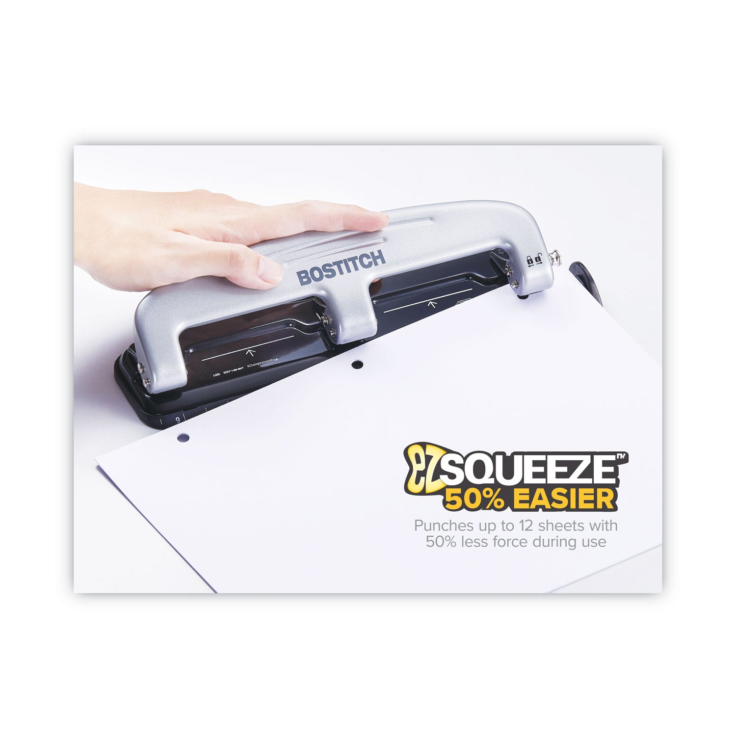 Bostitch® 12-Sheet Ez Squeeze Three-Hole Punch, 9/32" Holes, Black/silver
