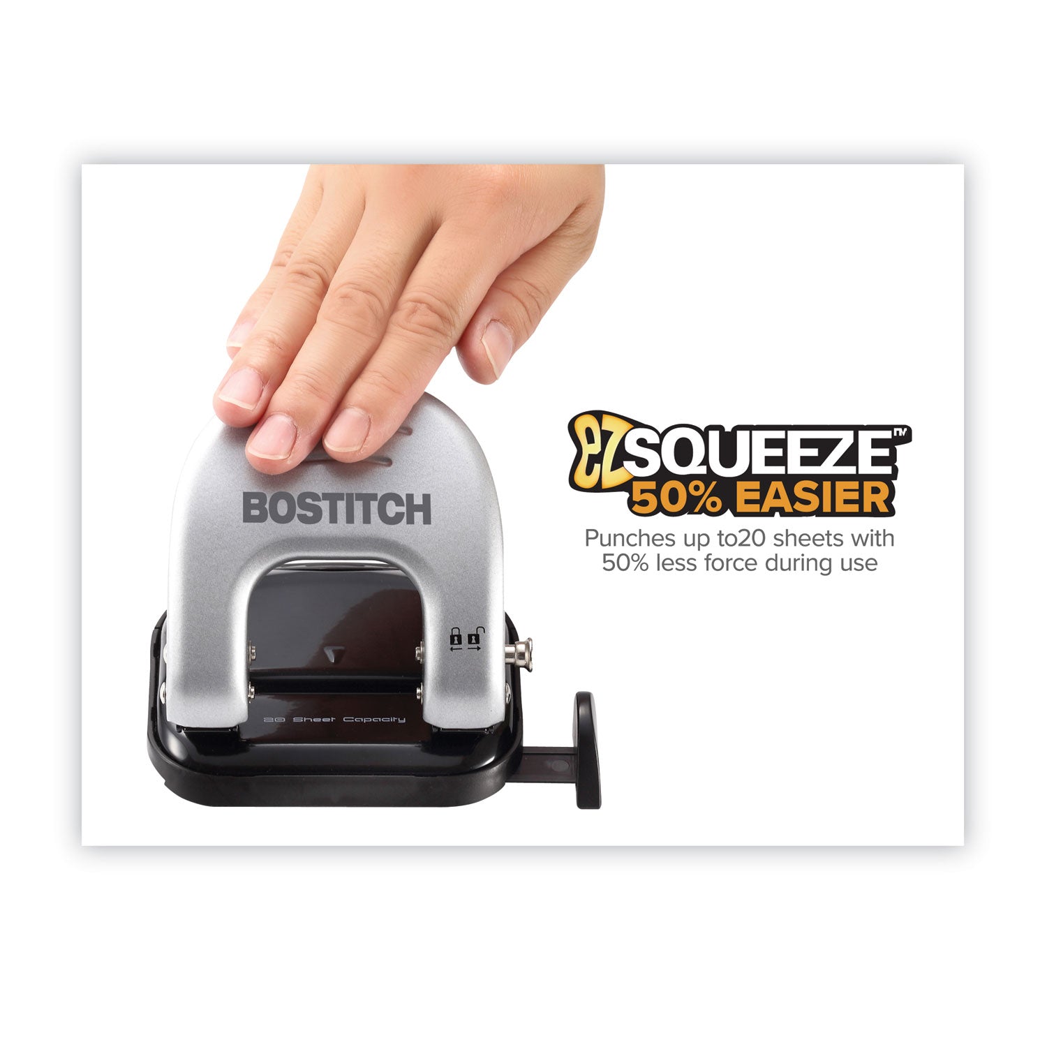 Bostitch® 20-Sheet Ez Squeeze Two-Hole Punch, 9/32" Holes, Black/silver
