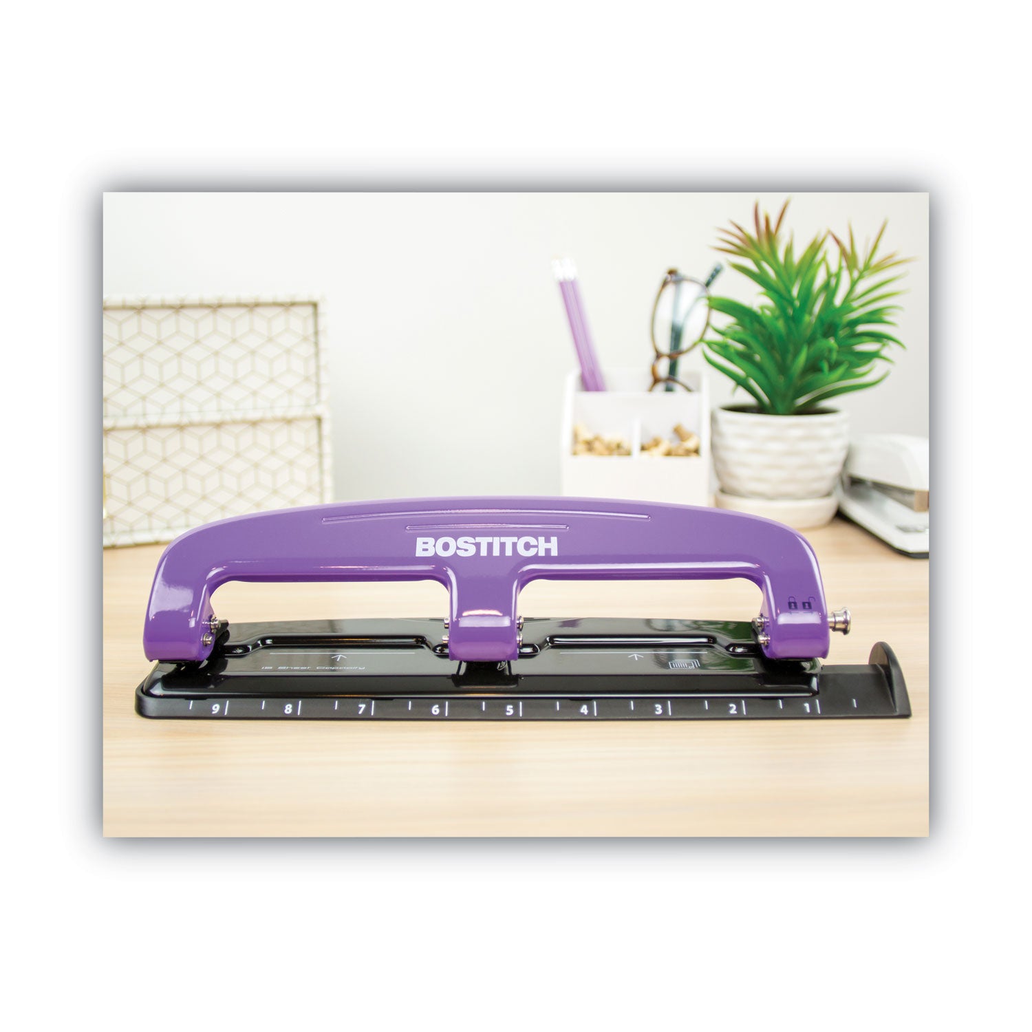 Bostitch® 12-Sheet Ez Squeeze Three-Hole Punch, 9/32" Holes, Purple/black