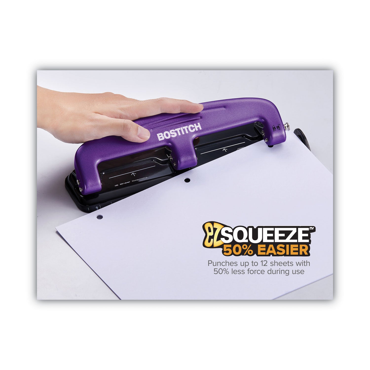 Bostitch® 12-Sheet Ez Squeeze Three-Hole Punch, 9/32" Holes, Purple/black