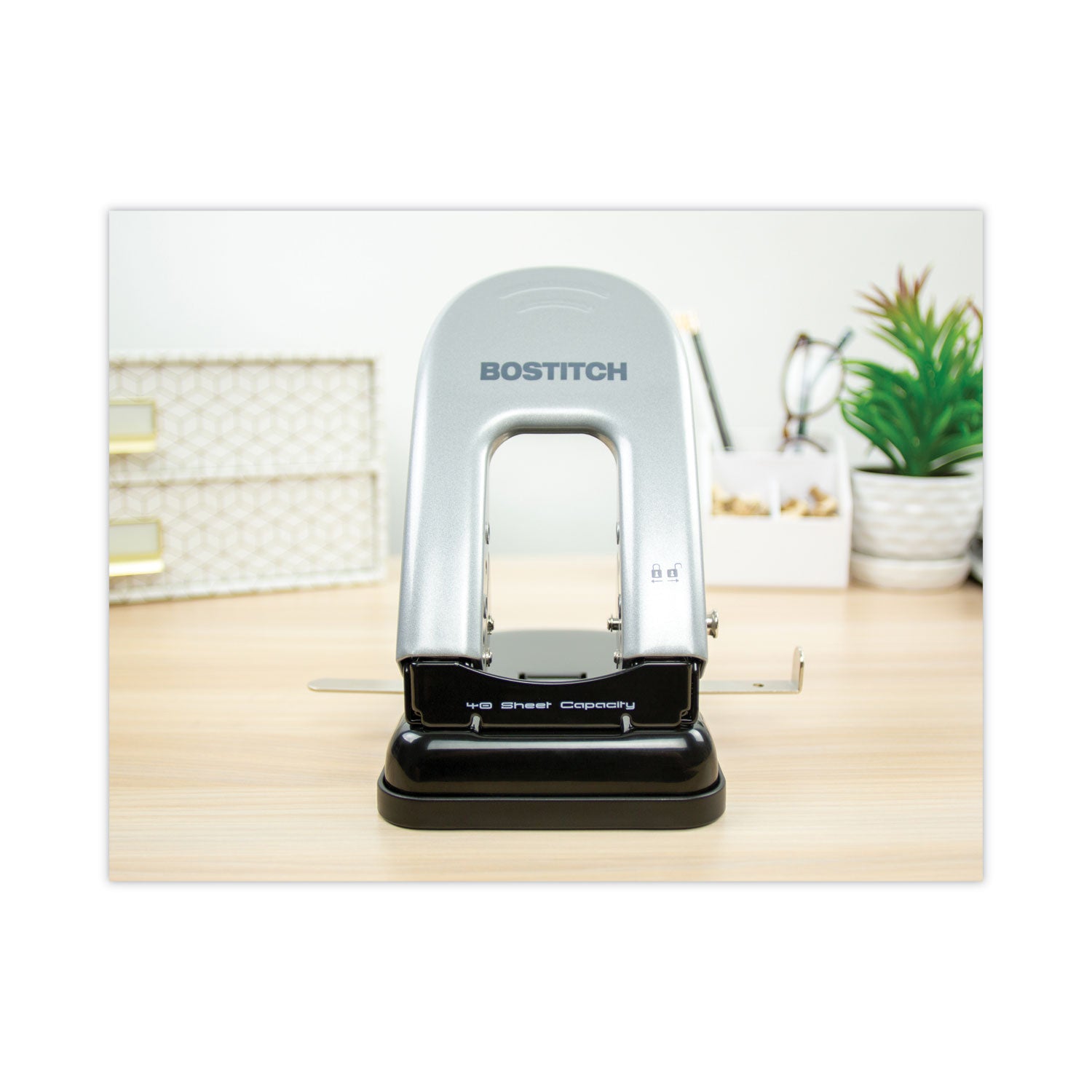 Bostitch® 40-Sheet Ez Squeeze Two-Hole Punch, 9/32" Holes, Black/silver
