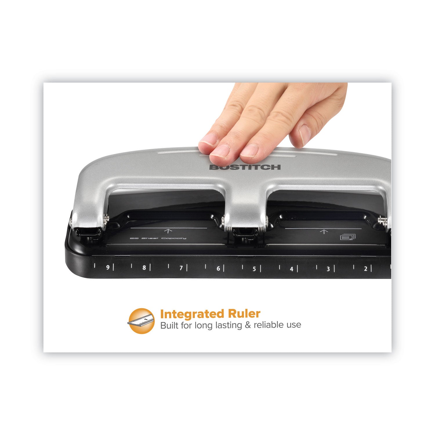 Bostitch® 20-Sheet Ez Squeeze Three-Hole Punch, 9/32" Holes, Black/silver