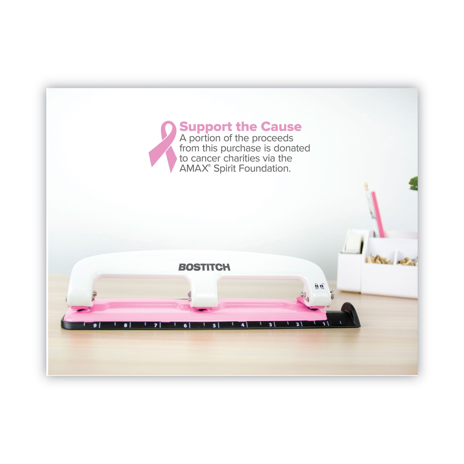 Bostitch® 12-Sheet EZ Squeeze InCourage Three-Hole Punch, Breast Cancer Awareness, 9/32" Holes, Pink