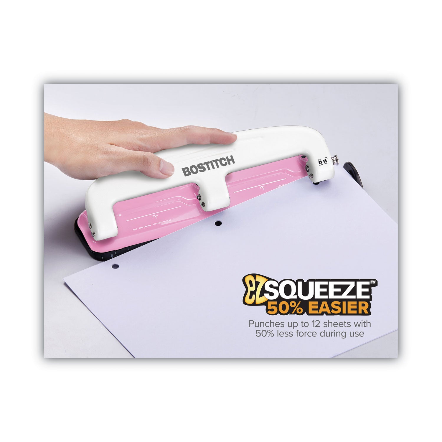 Bostitch® 12-Sheet EZ Squeeze InCourage Three-Hole Punch, Breast Cancer Awareness, 9/32" Holes, Pink