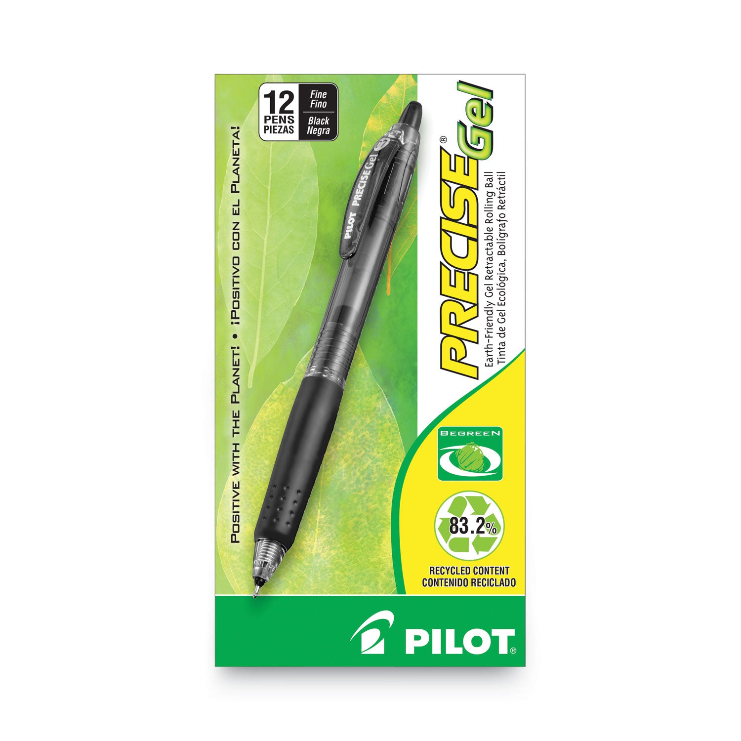 Pilot® Precise Gel BeGreen Gel Pen, Retractable, Fine 0.7 mm, Black Ink, Smoke Barrel, Dozen