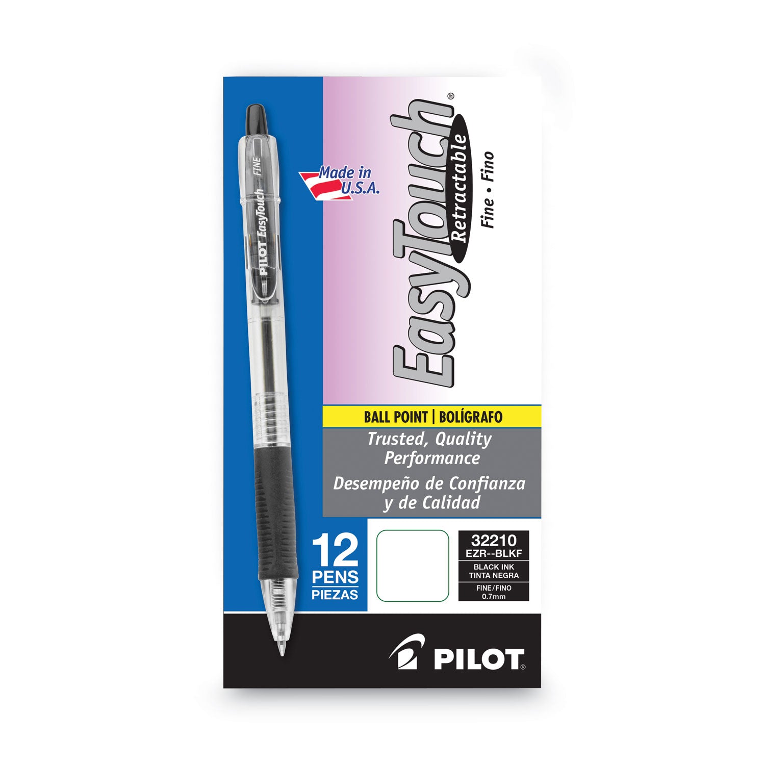 Pilot® Easytouch Ballpoint Pen, Retractable, Fine 0.7 Mm, Black Ink, Clear Barrel, Dozen