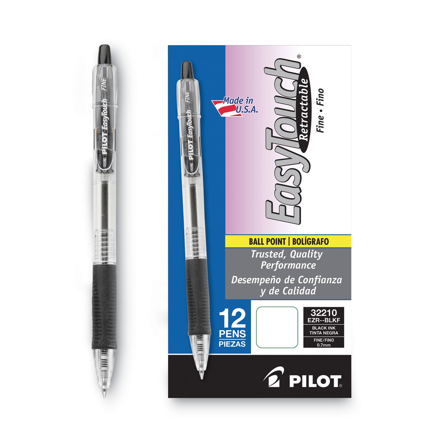 Pilot® Easytouch Ballpoint Pen, Retractable, Fine 0.7 Mm, Black Ink, Clear Barrel, Dozen