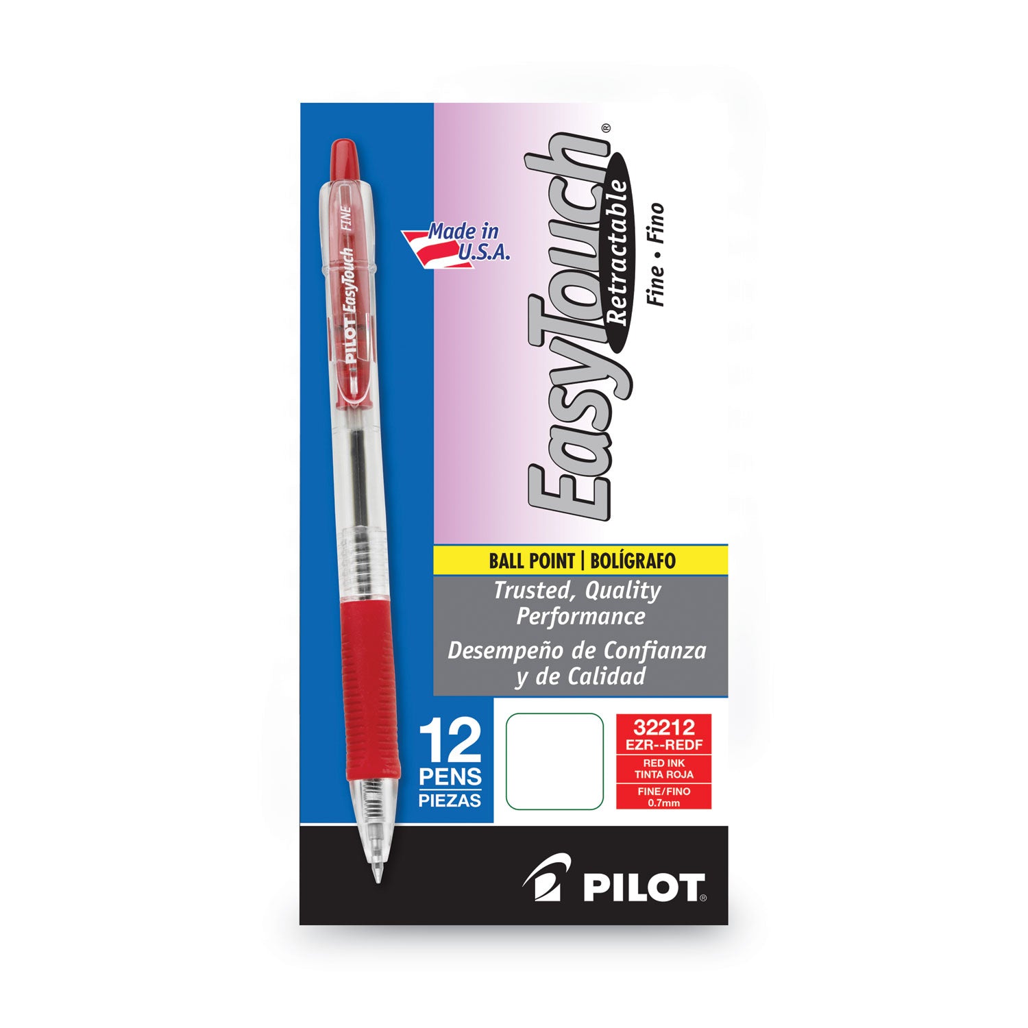 Pilot® Easytouch Ballpoint Pen, Retractable, Fine 0.7 Mm, Red Ink, Clear Barrel, Dozen