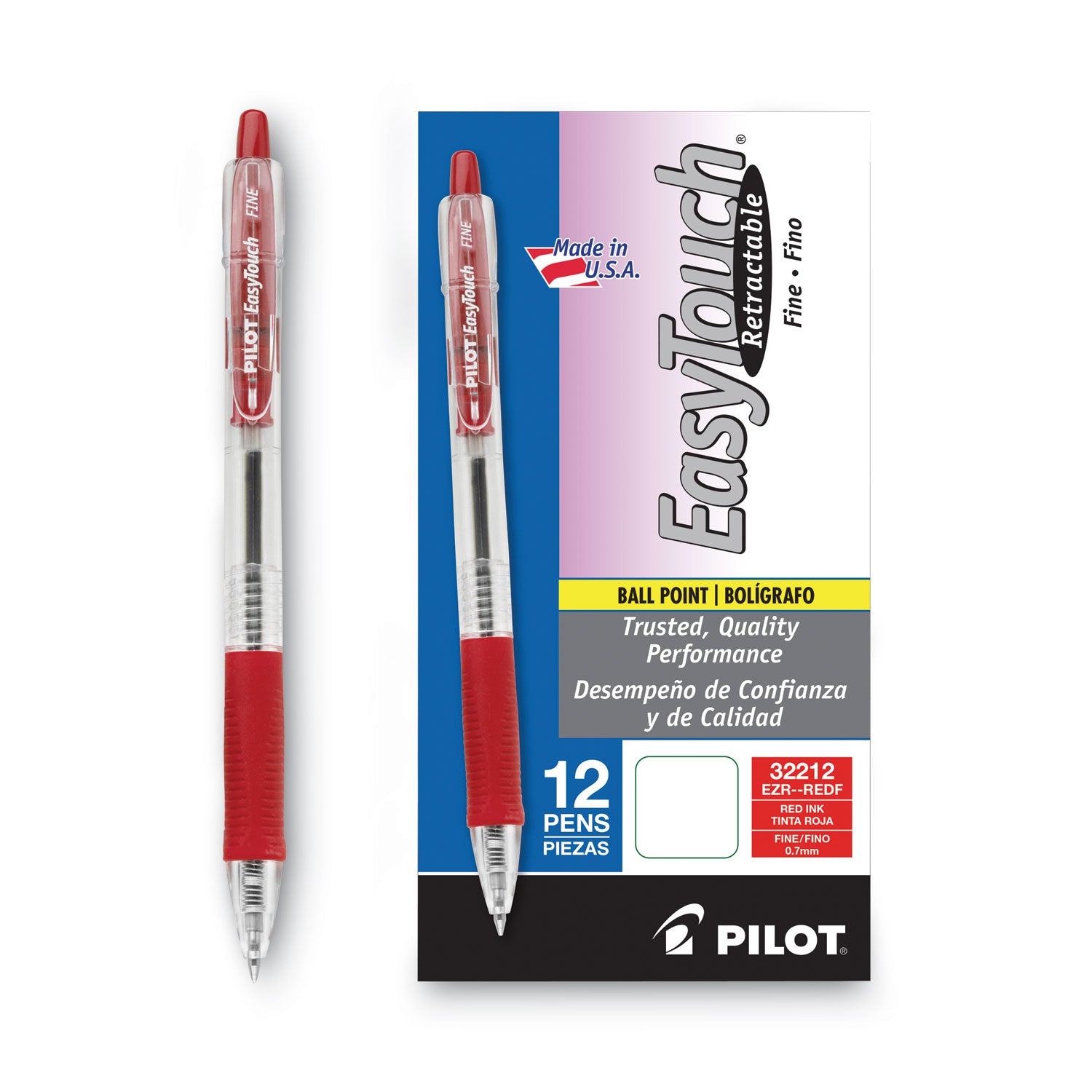 Pilot® Easytouch Ballpoint Pen, Retractable, Fine 0.7 Mm, Red Ink, Clear Barrel, Dozen