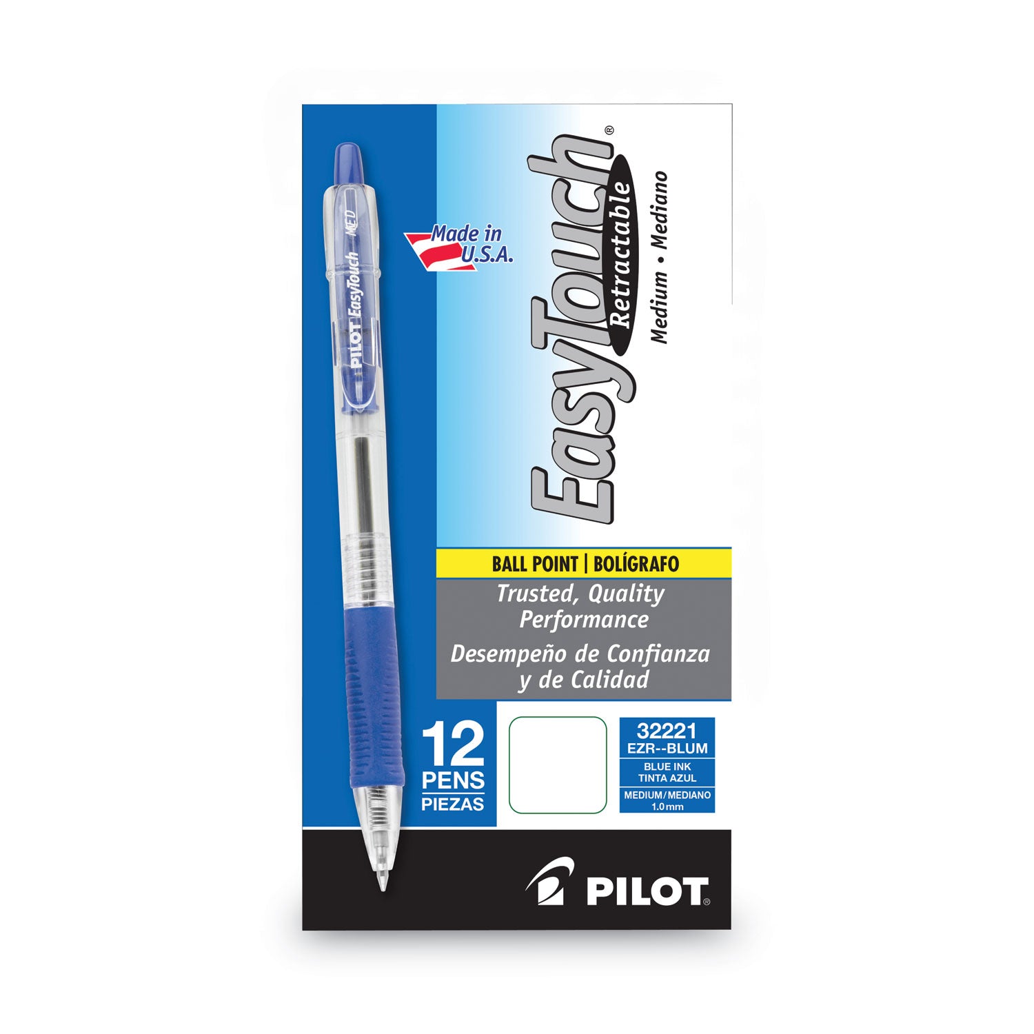 Pilot® Easytouch Ballpoint Pen, Retractable, Medium 1 Mm, Blue Ink, Clear Barrel, Dozen