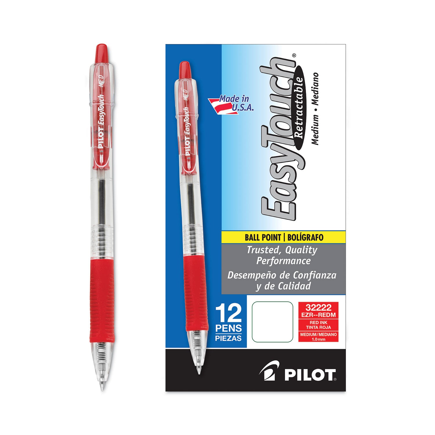 Pilot® Easytouch Ballpoint Pen, Retractable, Medium 1 Mm, Red Ink, Clear Barrel, Dozen