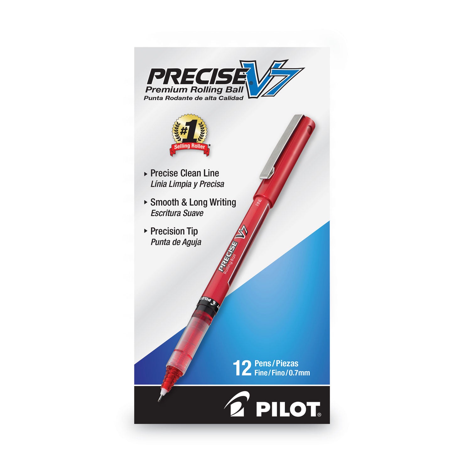 Pilot® Precise V7 Rollerball Pen, Stick, Fine 0.7 mm, Red Ink, Red/Clear Barrel, Dozen