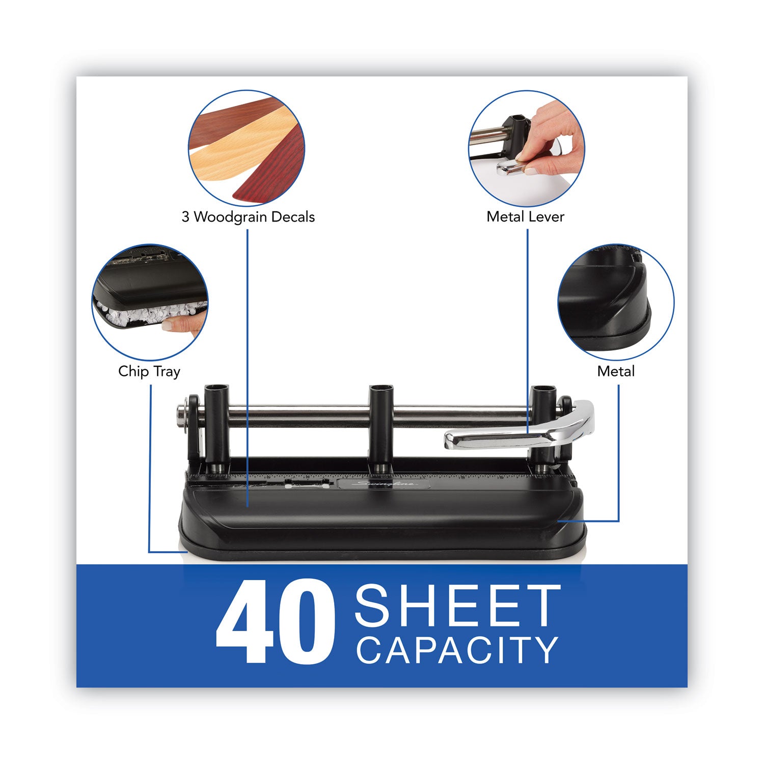 Swingline® 40-Sheet Accented Heavy-Duty Lever Action Two- To Seven-Hole Punch, 11/32" Holes, Black/woodgrain