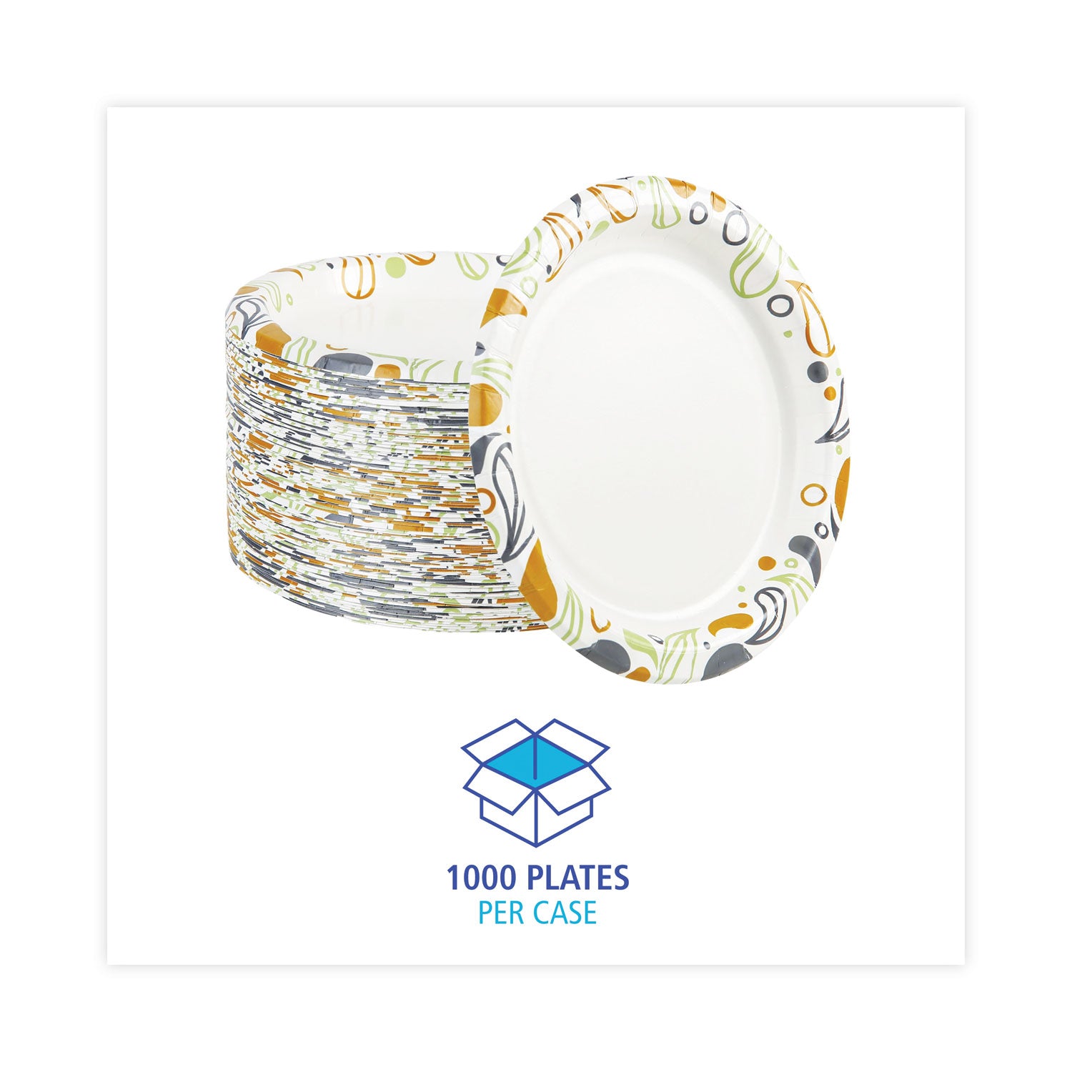 Boardwalk® Deerfield Printed Paper Plates, 9" dia, Coated/Soak Proof, White/Yellow/Green/Purple, 125/Pack, 8 Packs/Carton